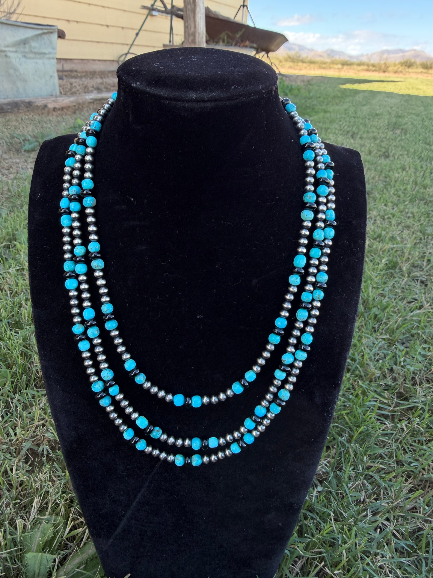 New turquoise and black onyx and 4mm silver pearls