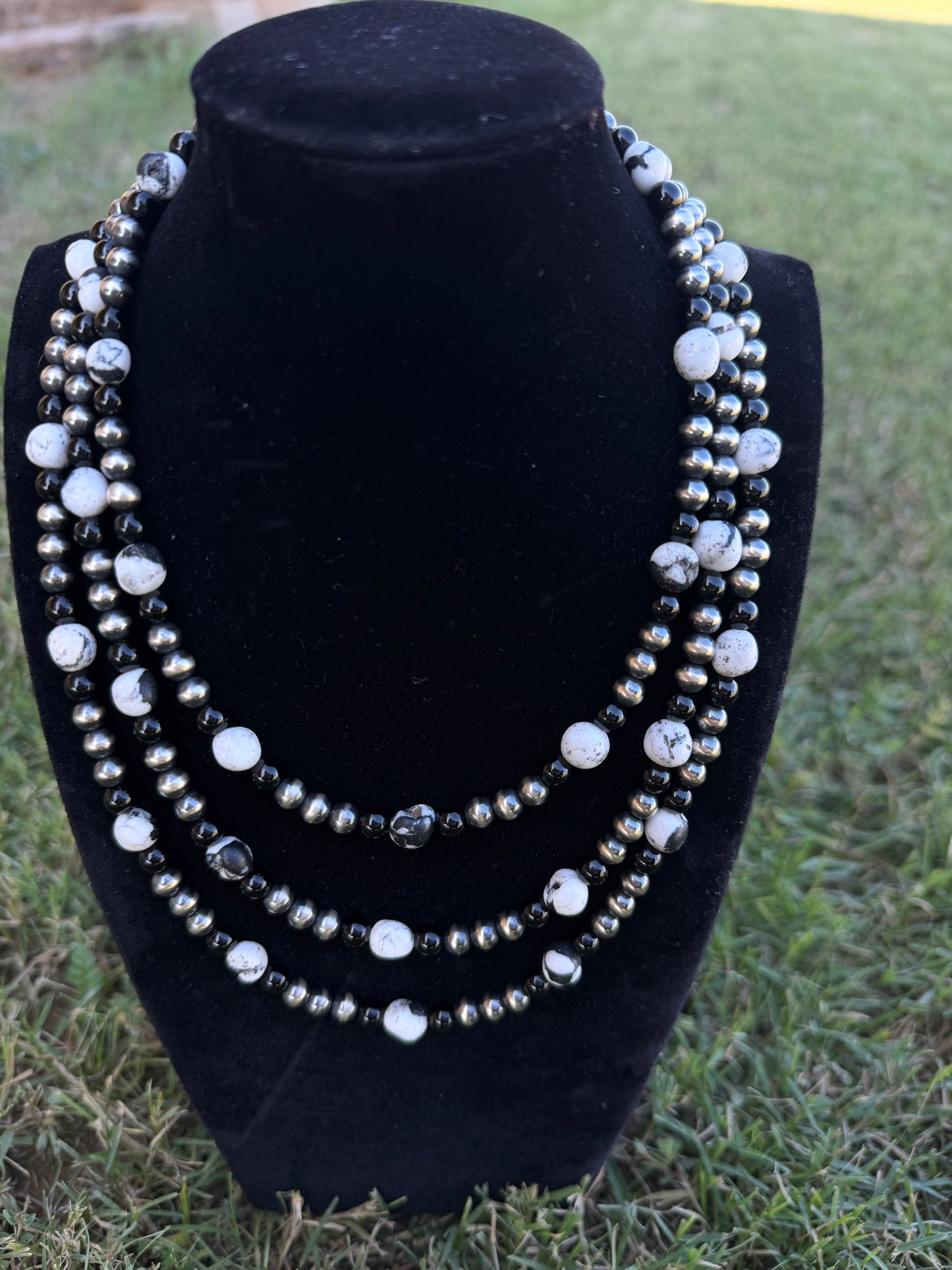 New white buffalo and black onyx and 6mm silver pearls