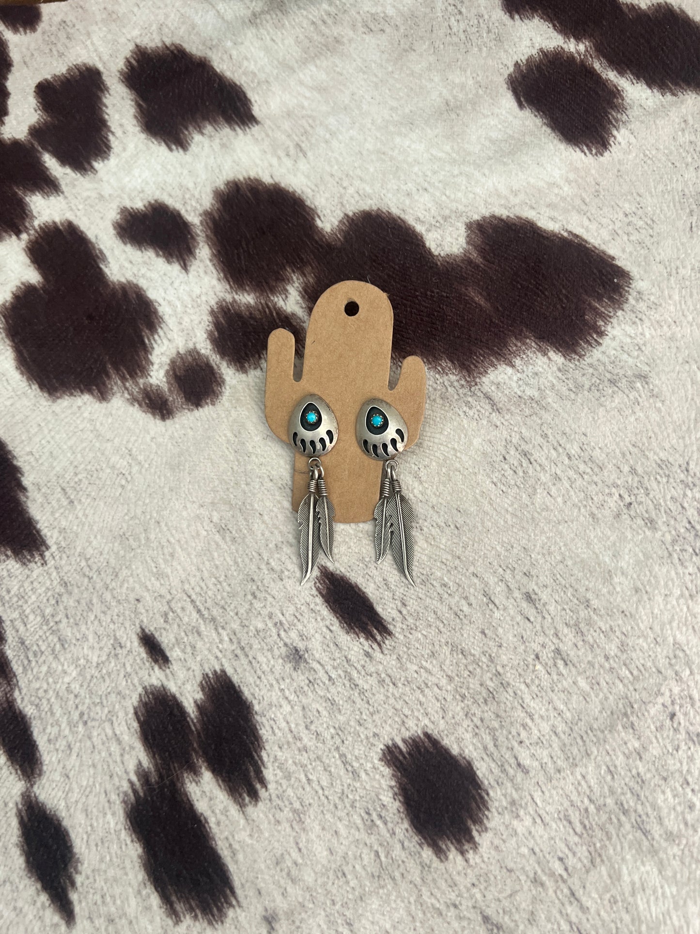 Vintage turquoise bear paw feather dangle earrings