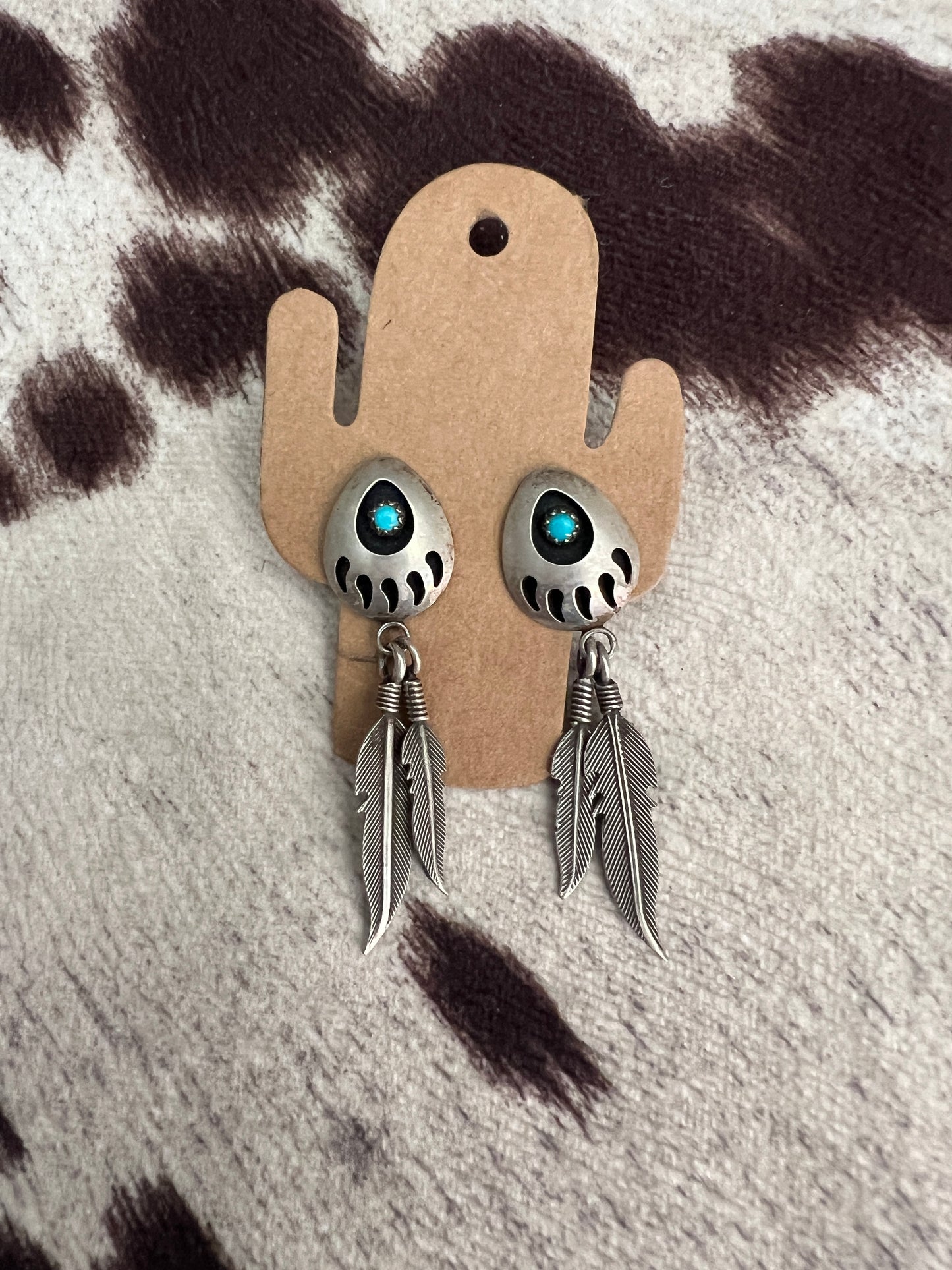 Vintage turquoise bear paw feather dangle earrings