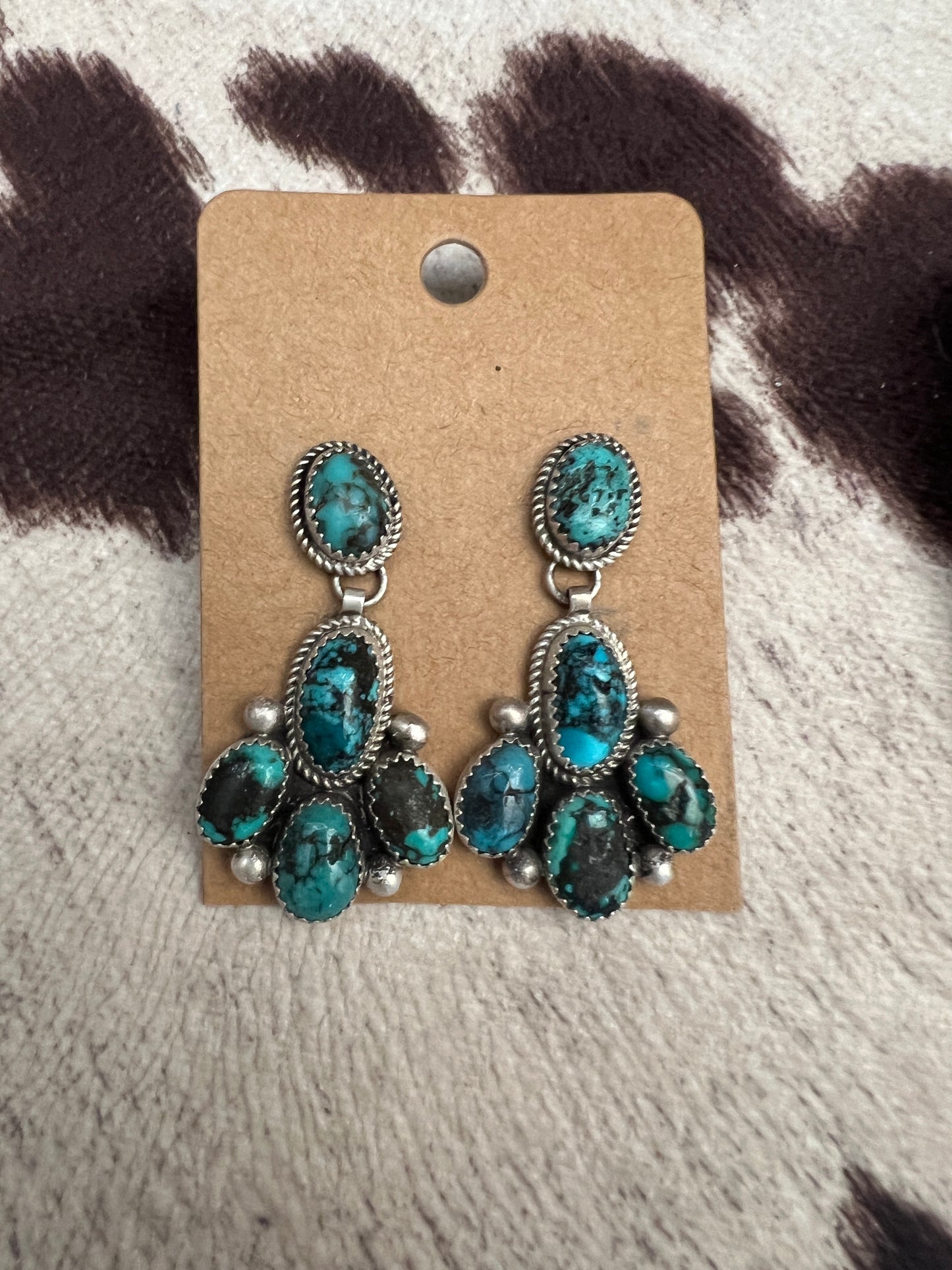 New large kingman turquoise cluster dangle earrings