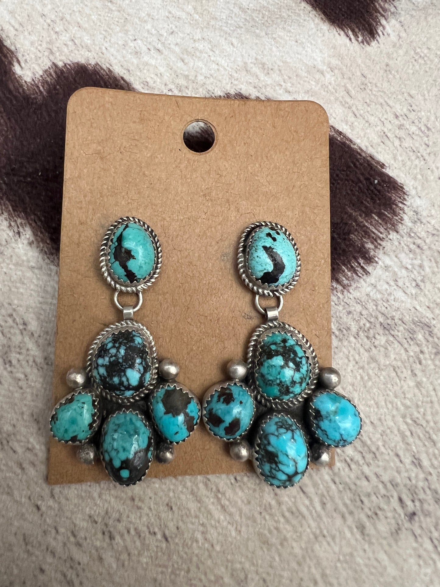 New large kingman turquoise cluster dangle earrings