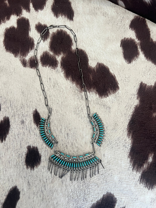Vintage needlepoint turquoise fan necklace