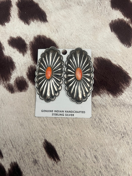 New large orange spiny oyster silver concho earrings