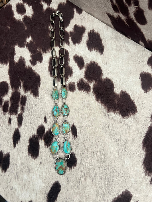 New kingman and Royston turquoise lariat necklace on handmade chain