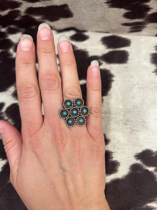 Vintage turquoise snake eye shadow box cluster ring