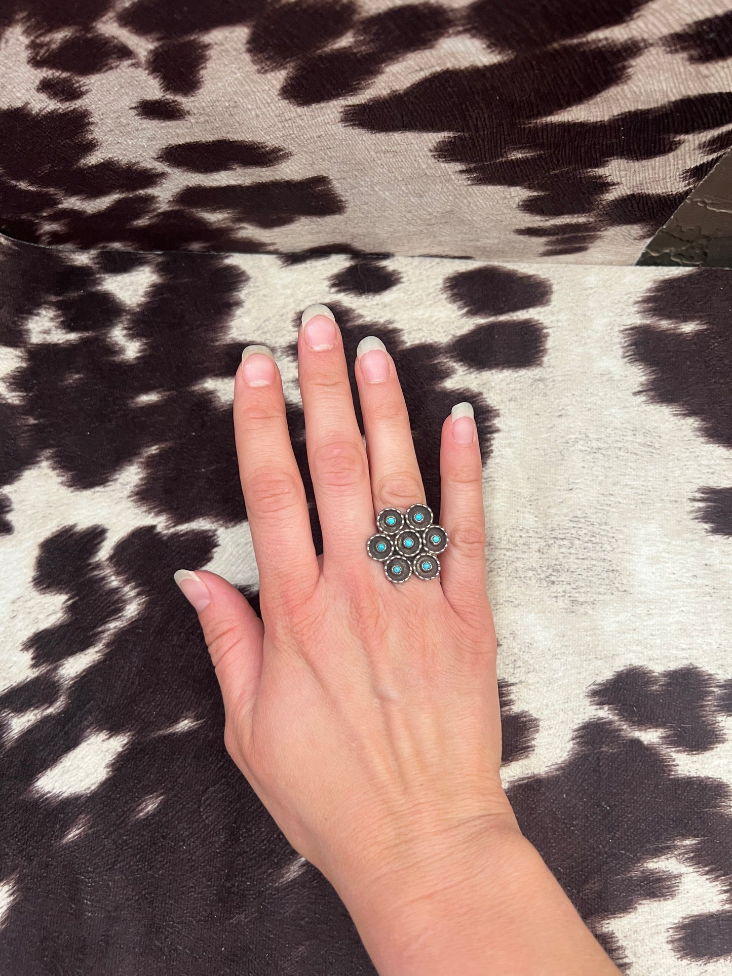 Vintage turquoise snake eye shadow box cluster ring