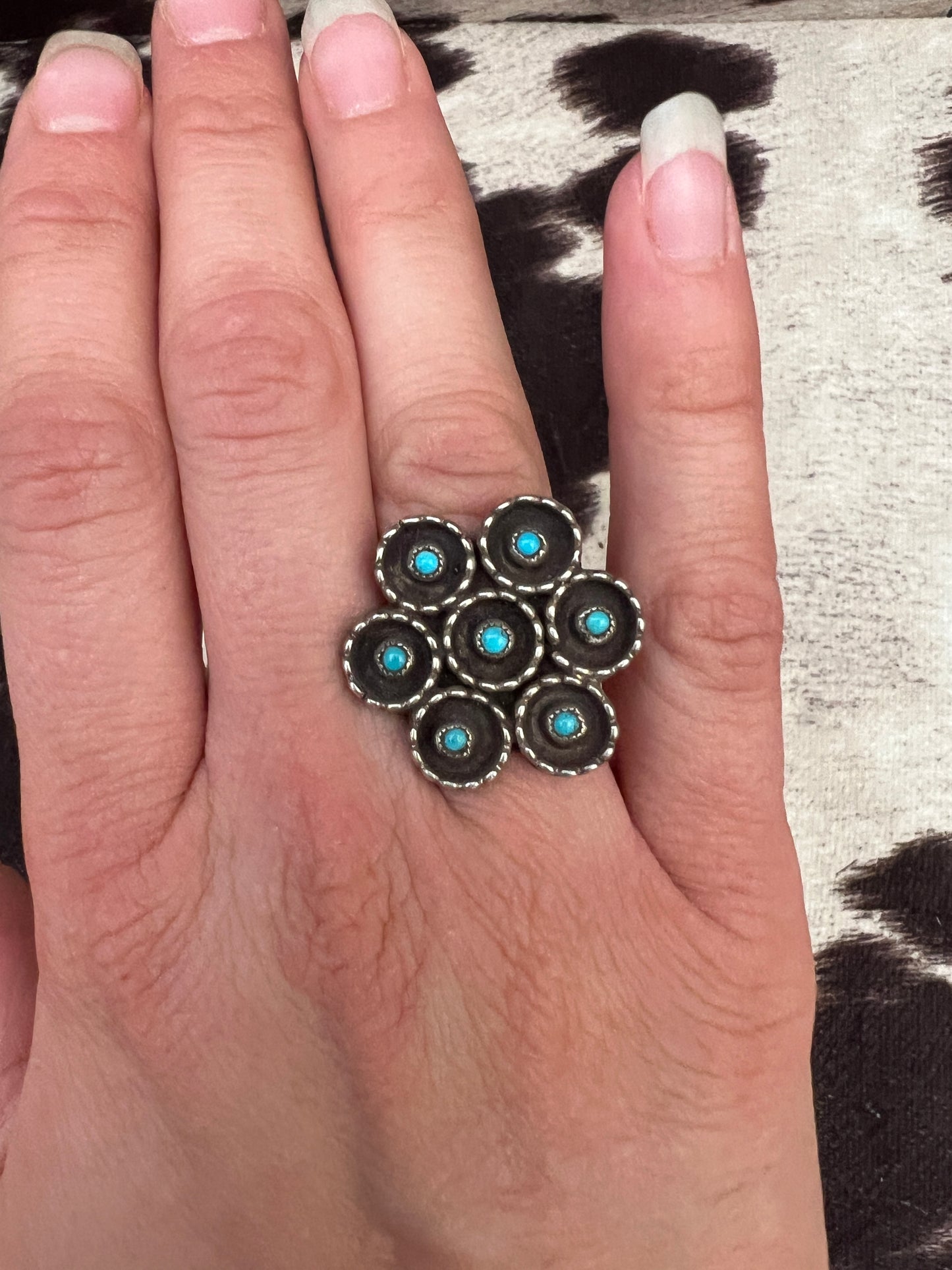 Vintage turquoise snake eye shadow box cluster ring