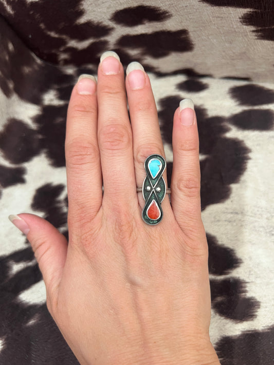 Vintage red Coral and turquoise shadow box ring