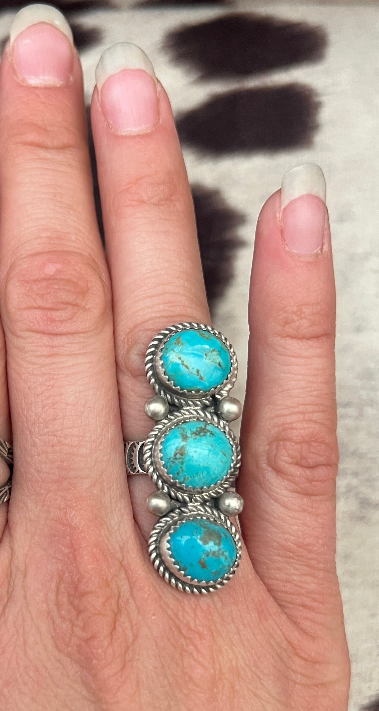 New 3 turquoise stamped band ring