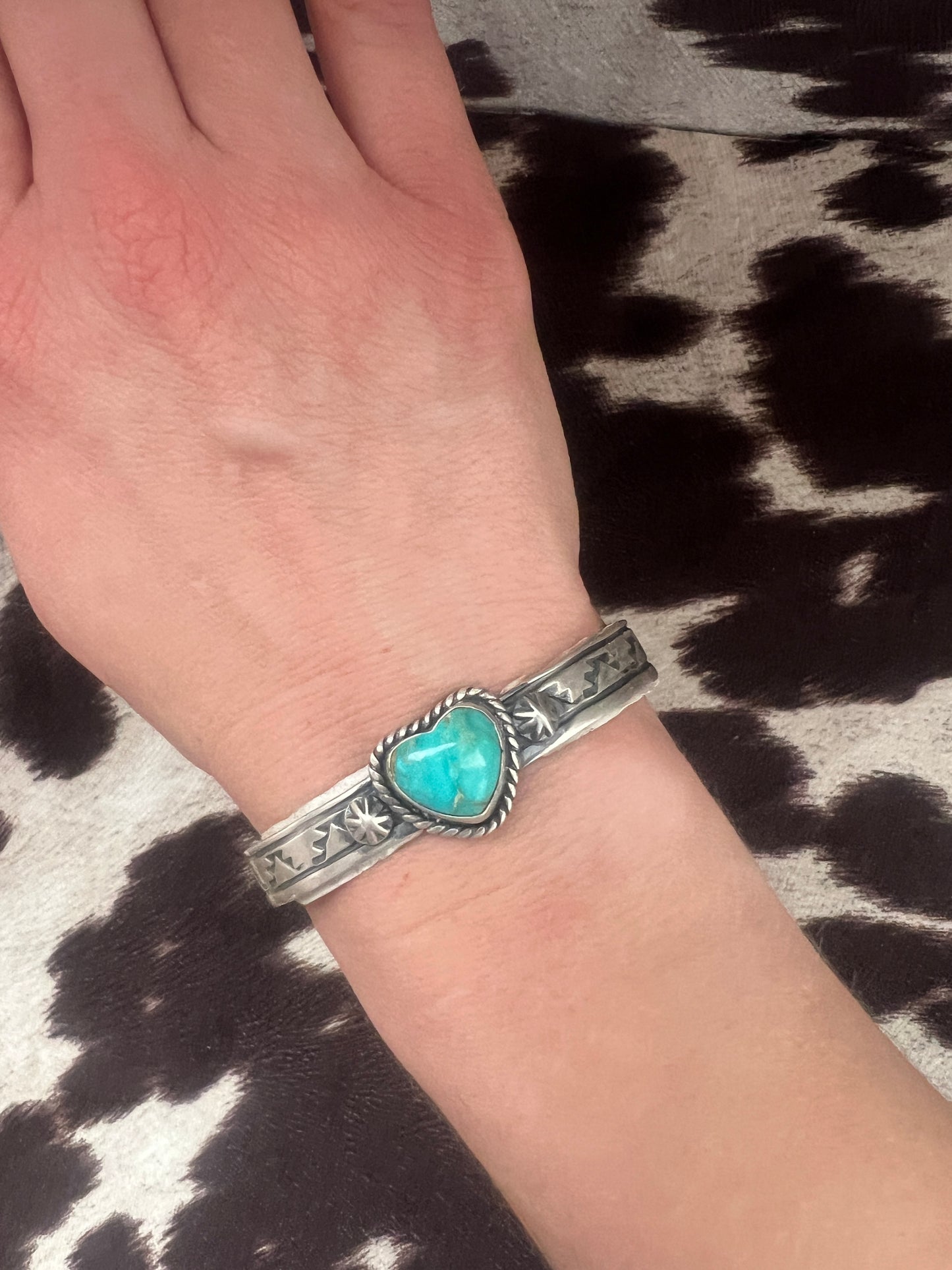New turquoise heart thick band stamped cuff