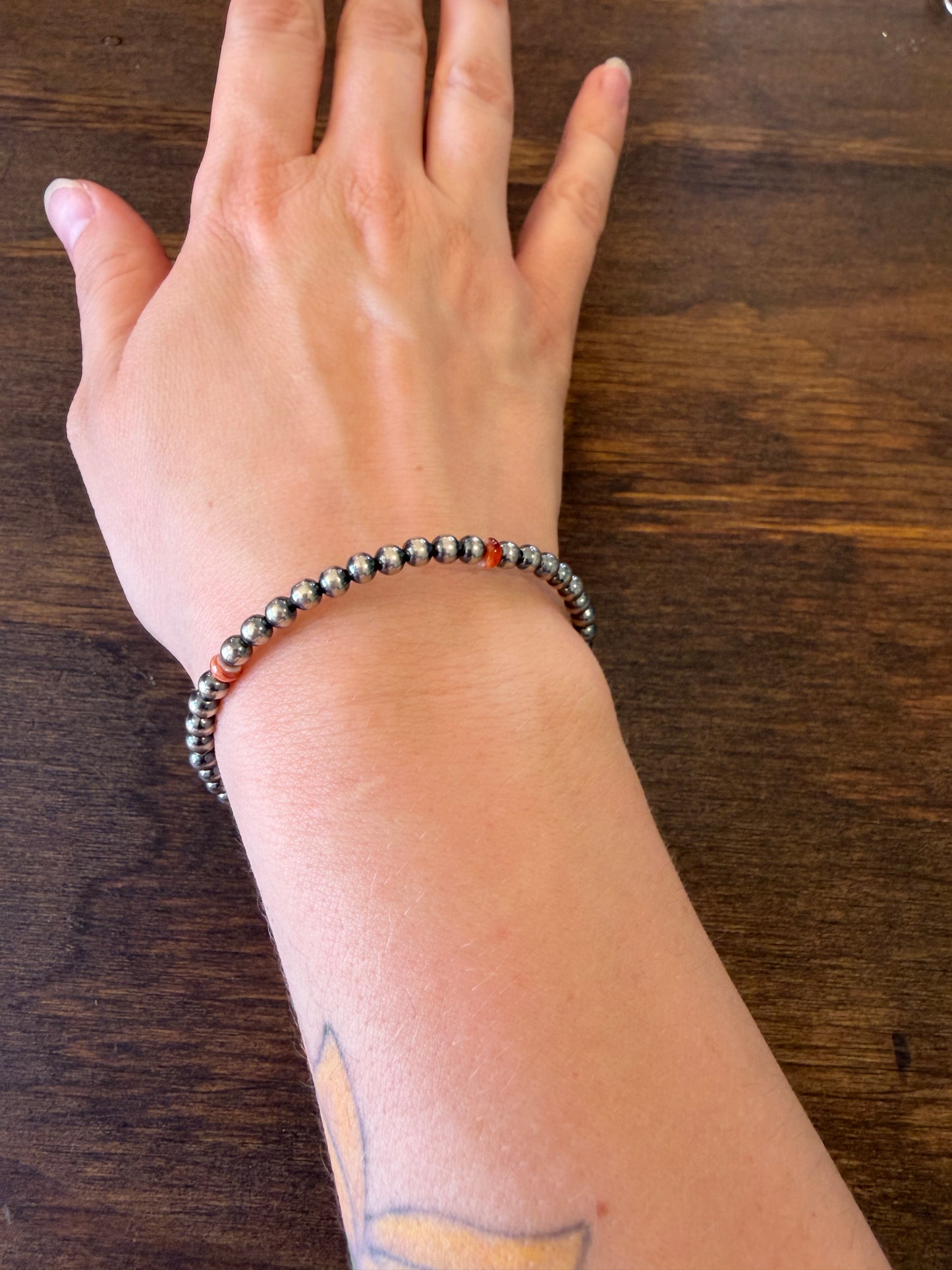 New 3mm orange spiny oyster and silver pearl bracelet