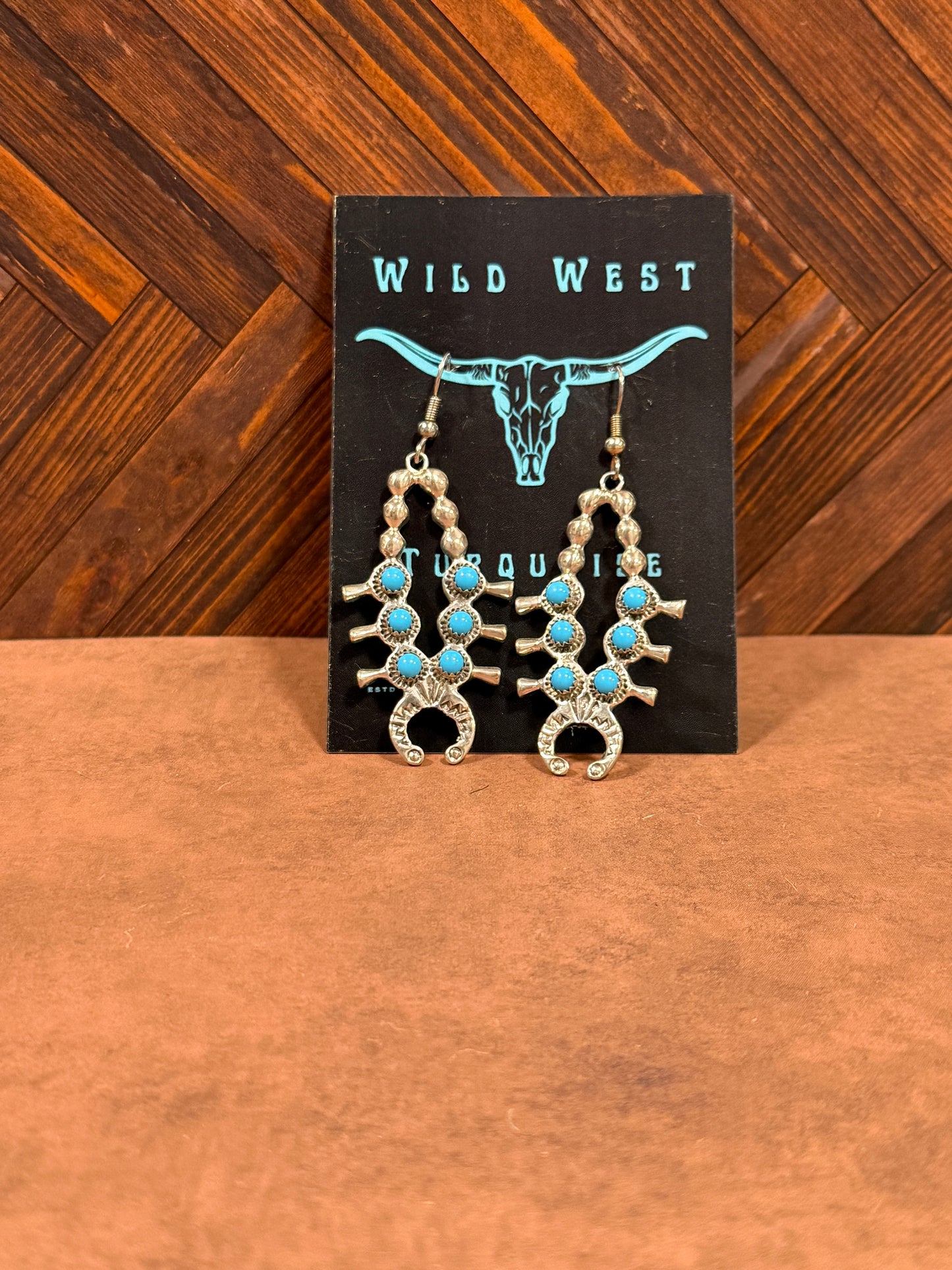 New turquoise and silver squash blossom dangle earrings