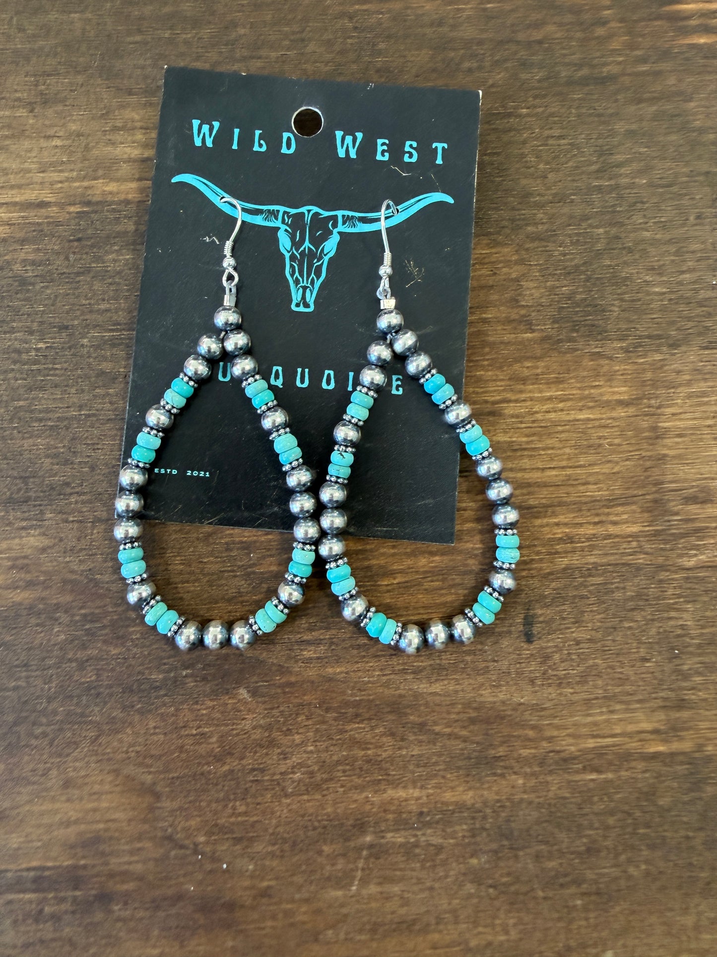 New large turquoise and silver pearl teardrop hoop earrings