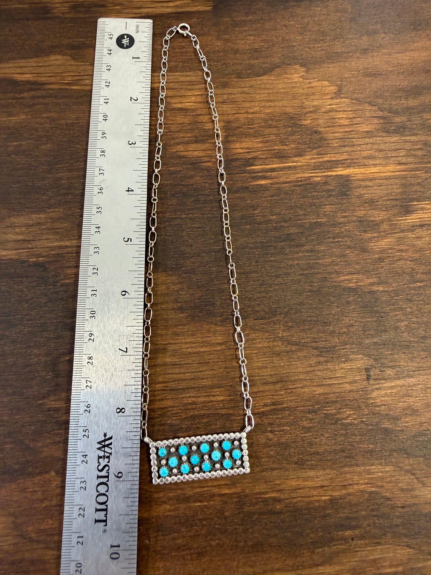 New turquoise cluster shadow box rectangular bar necklace