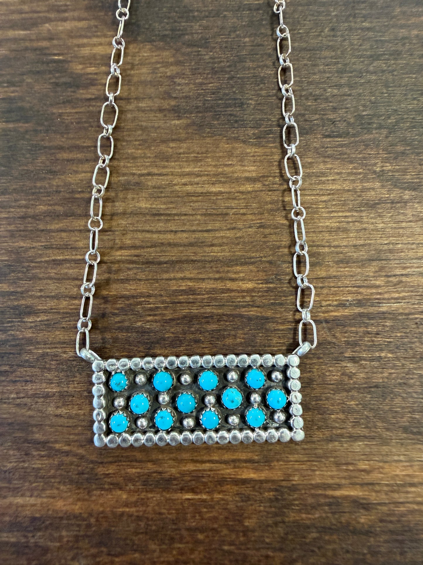 New turquoise cluster shadow box rectangular bar necklace