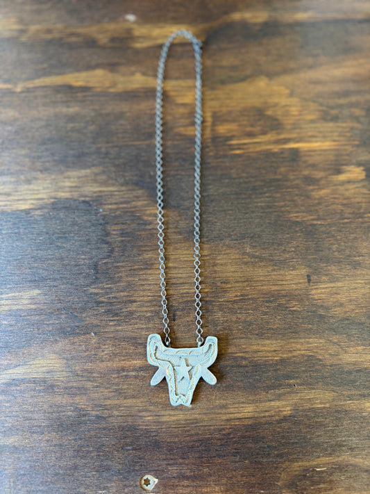 New bull skull overlay design silver bar necklace