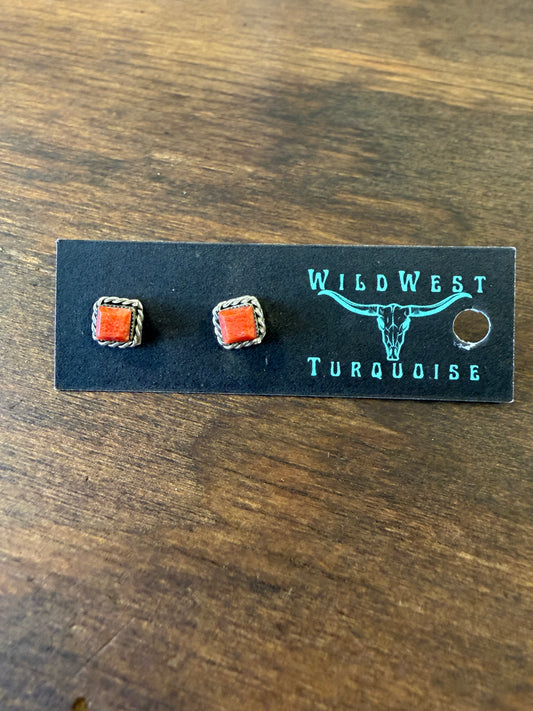 New orange spiny oyster square twist wire stud earrings