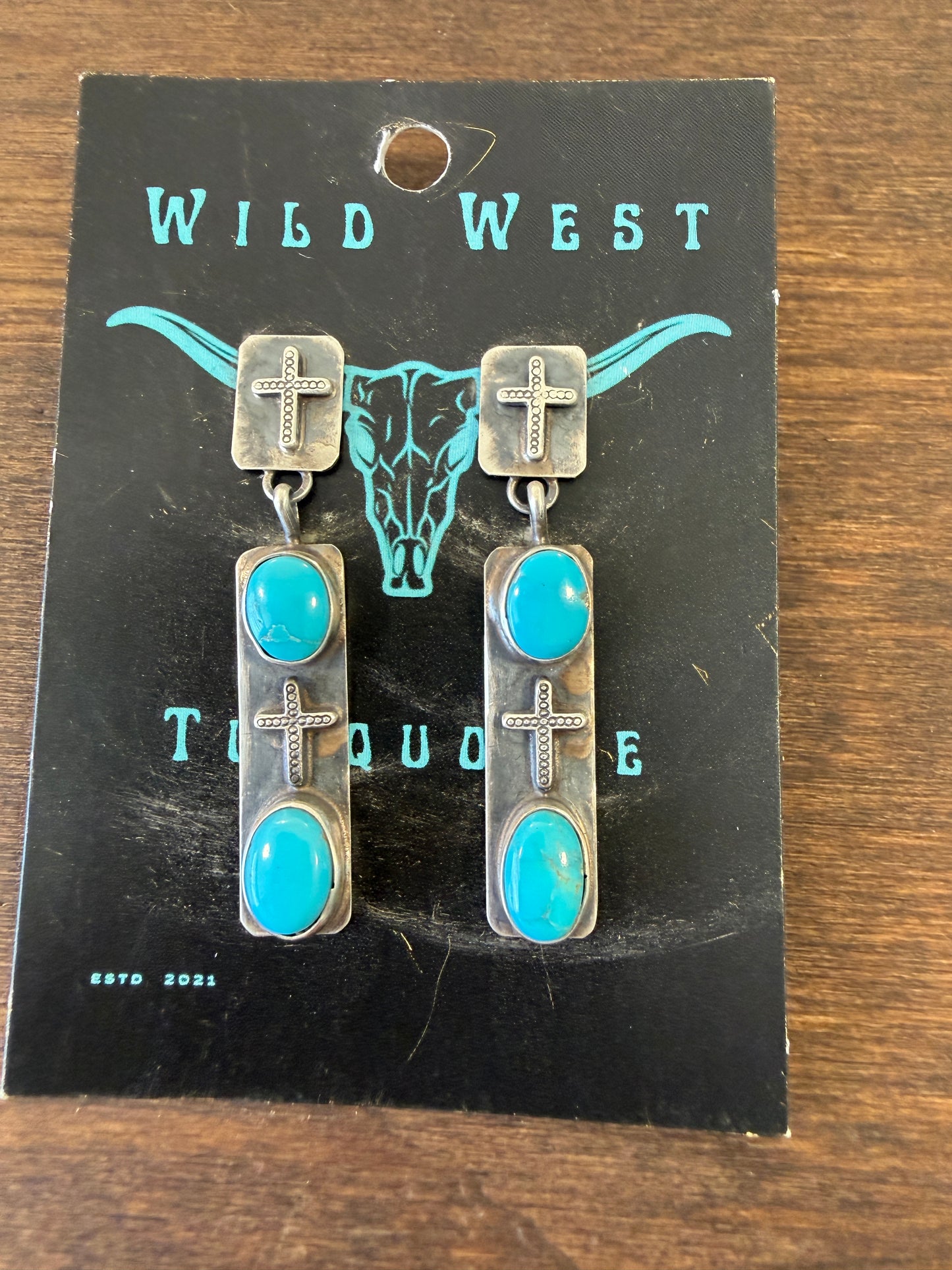 New silver cross stud turquoise dangle earrings