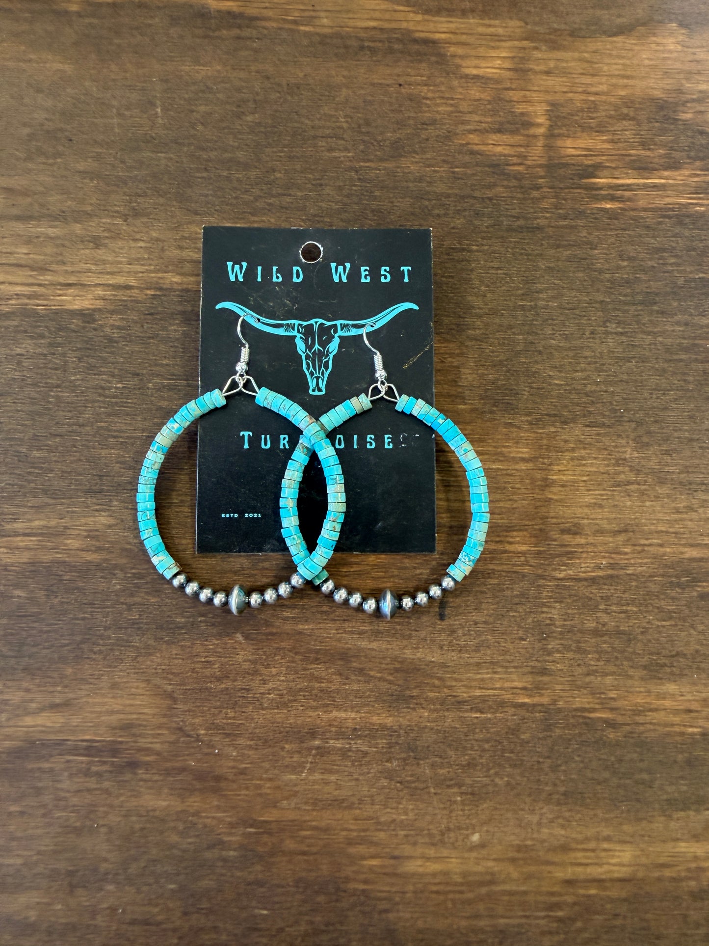 New 5mm round turquoise varscite and silver pearl hoop earrings