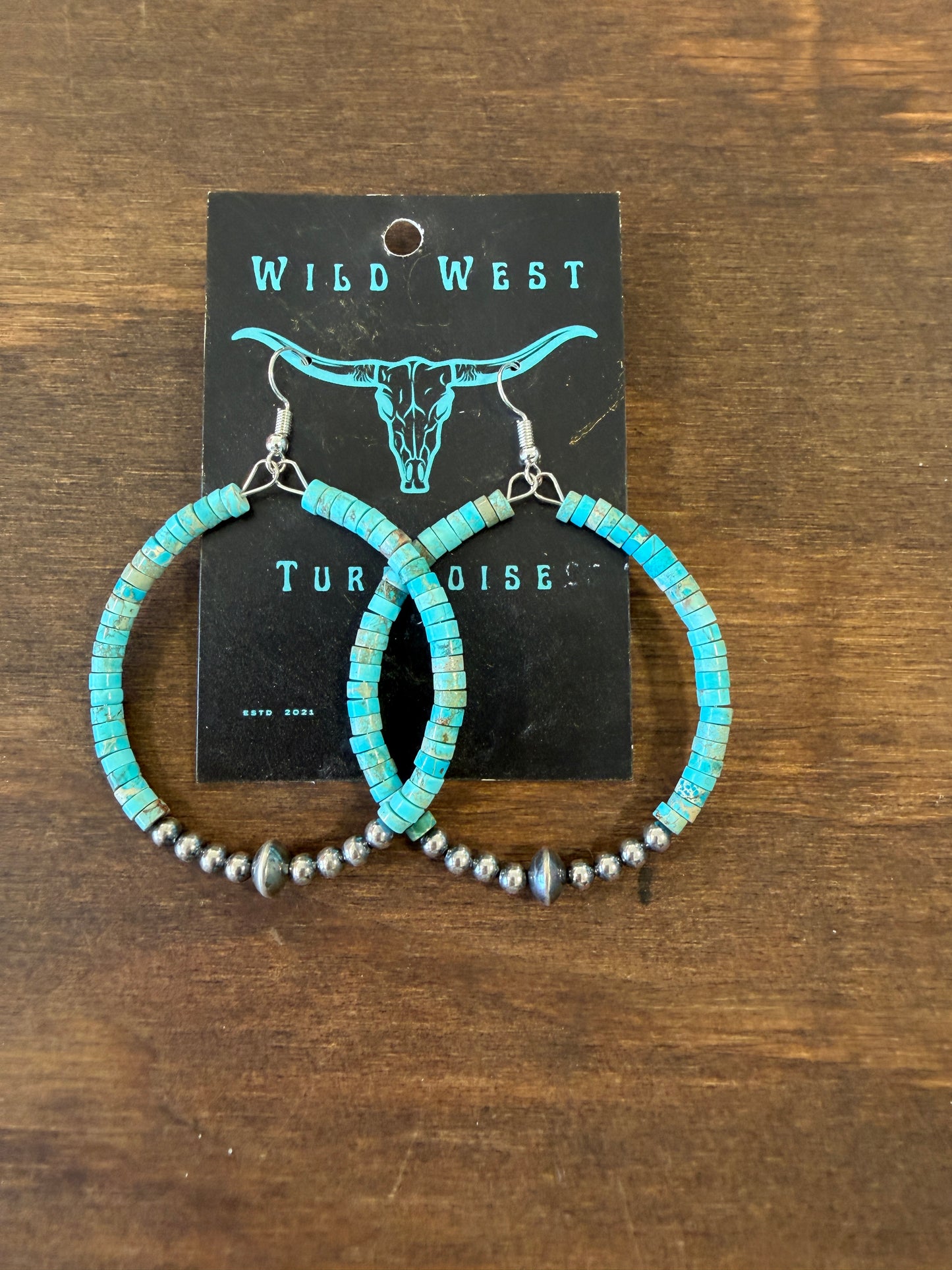 New 5mm round turquoise varscite and silver pearl hoop earrings