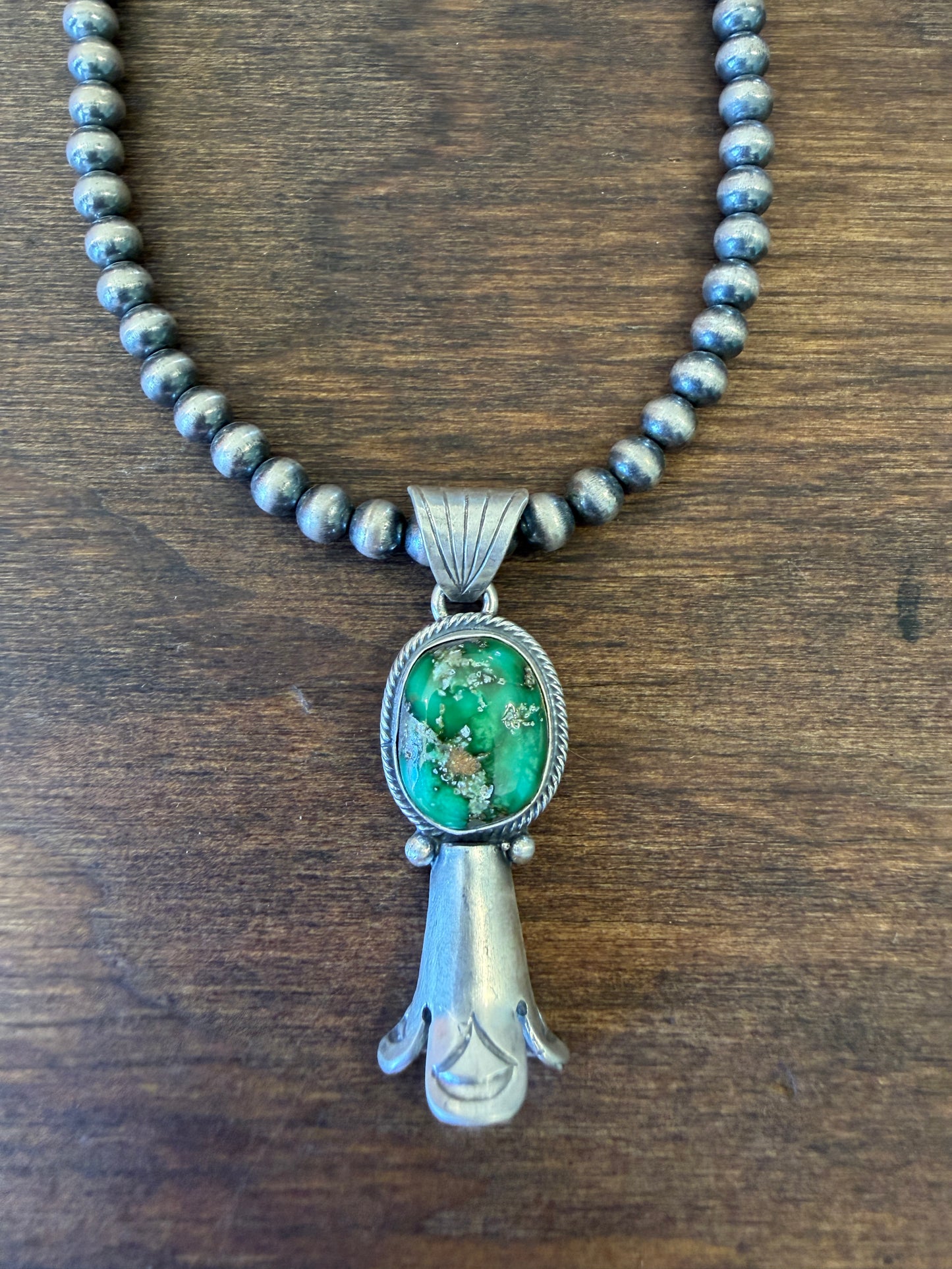 New 16” 5mm pearl necklace with Sonoran gold turquoise squash pendant