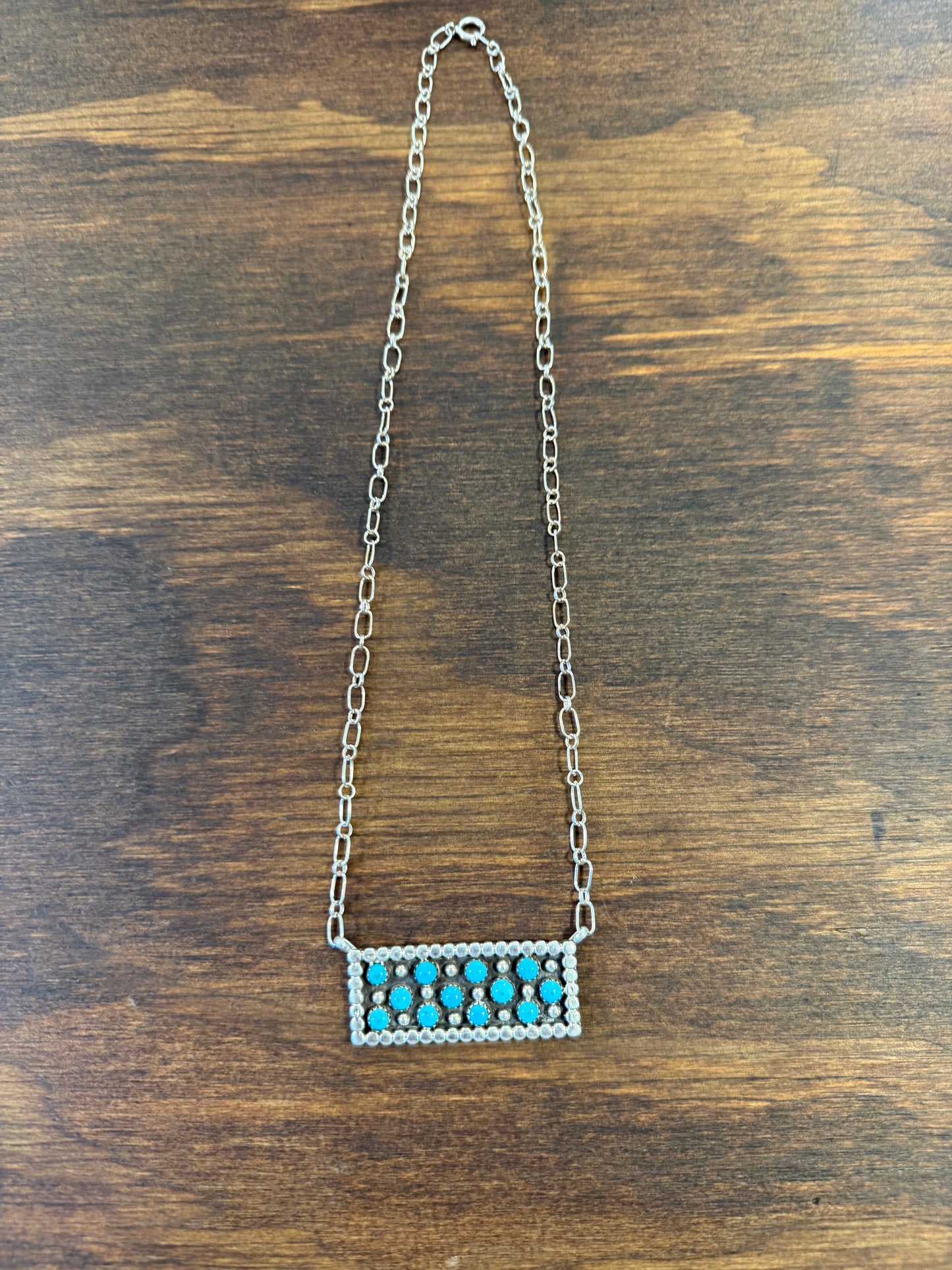 New turquoise cluster shadow box rectangular bar necklace