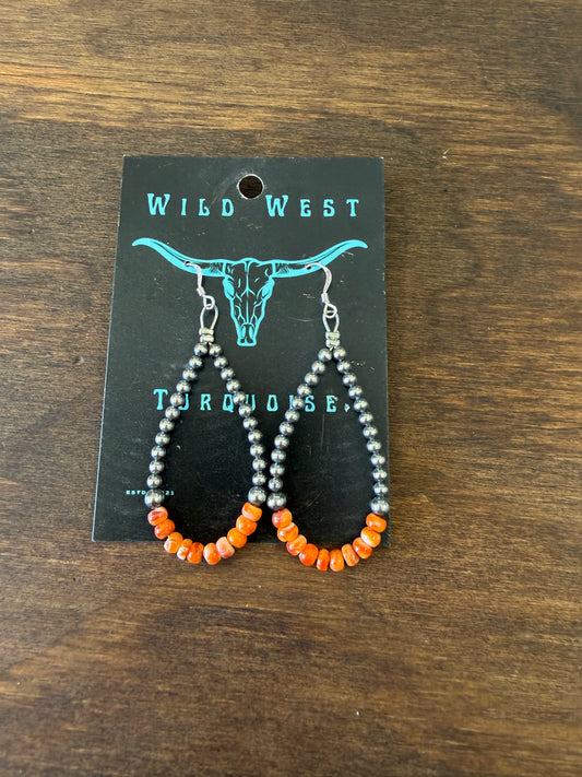 New 3mm silver pearl and orange spiny oyster teardrop dangle earrings