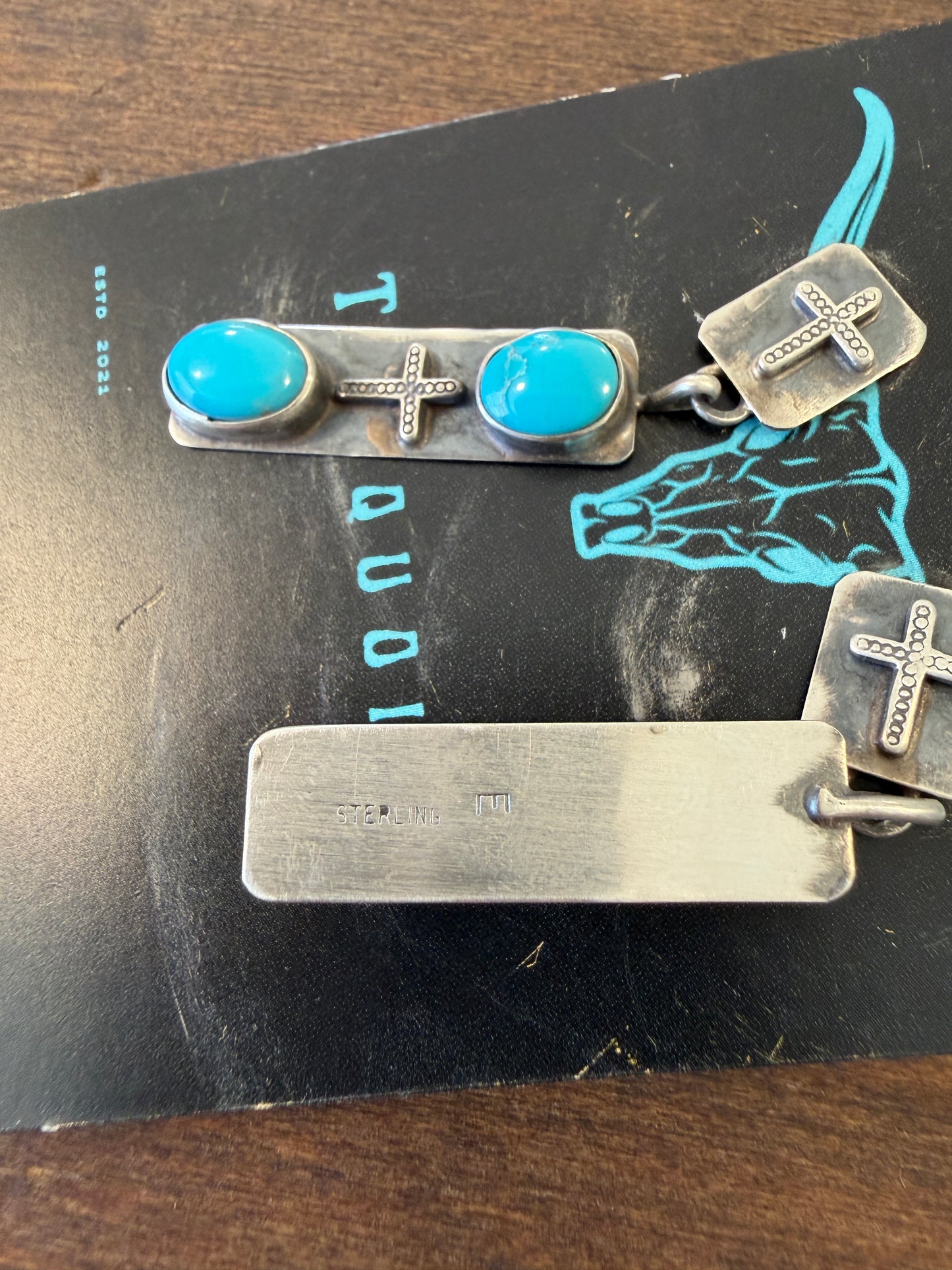 New silver cross stud turquoise dangle earrings