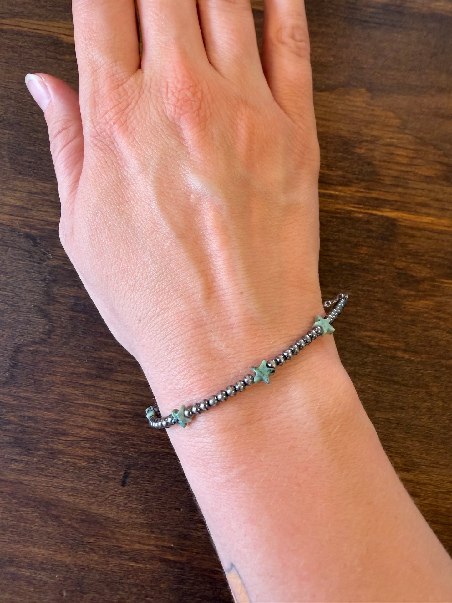 New 3mm African turquoise star and silver pearl bracelet
