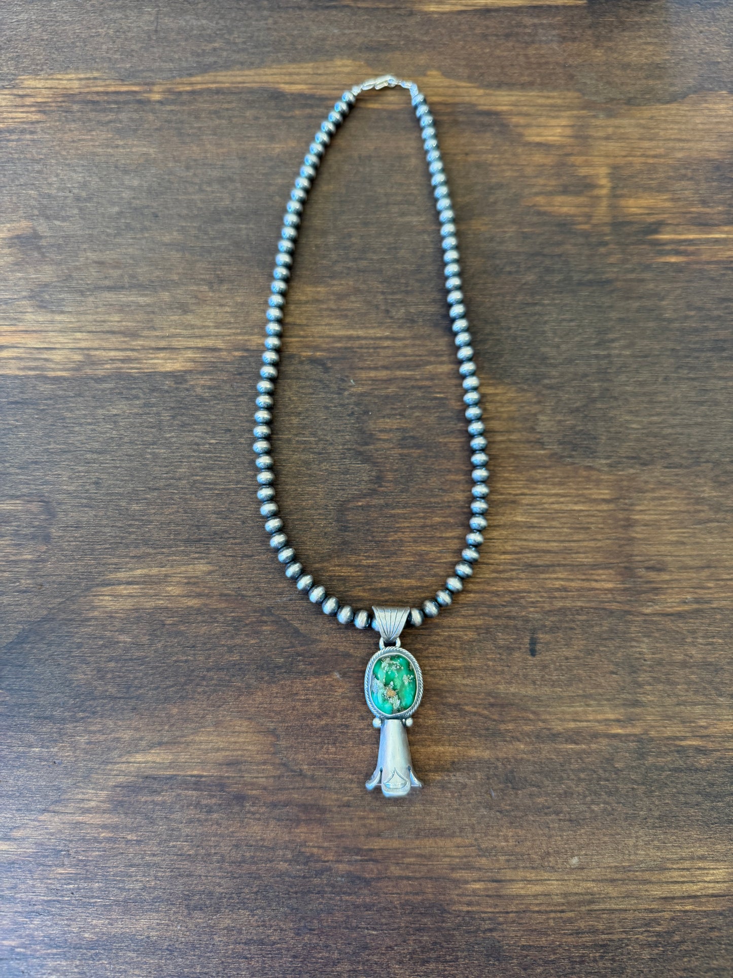 New 16” 5mm pearl necklace with Sonoran gold turquoise squash pendant