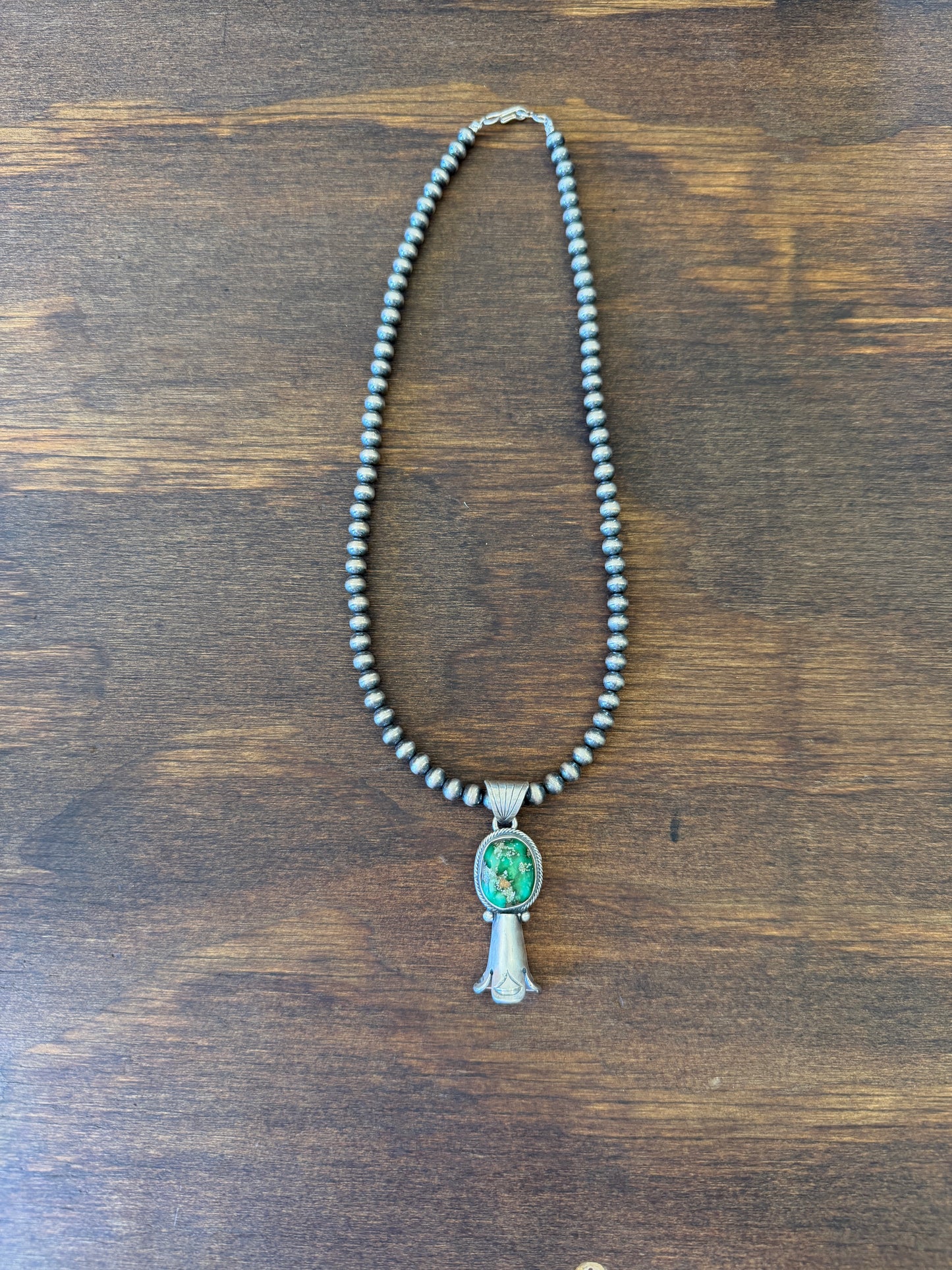 New 16” 5mm pearl necklace with Sonoran gold turquoise squash pendant