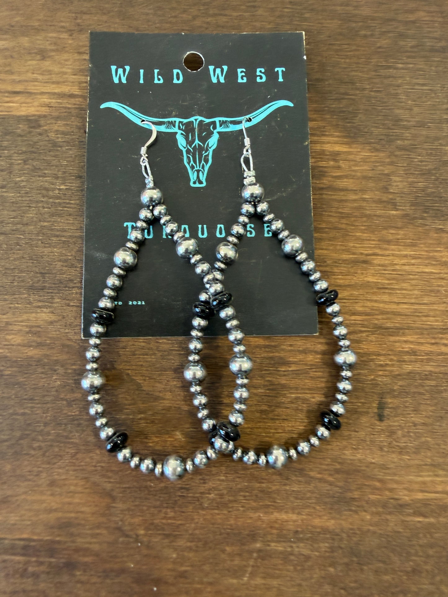 New large black onyx and silver pearl graduated teardrop hoop earrings