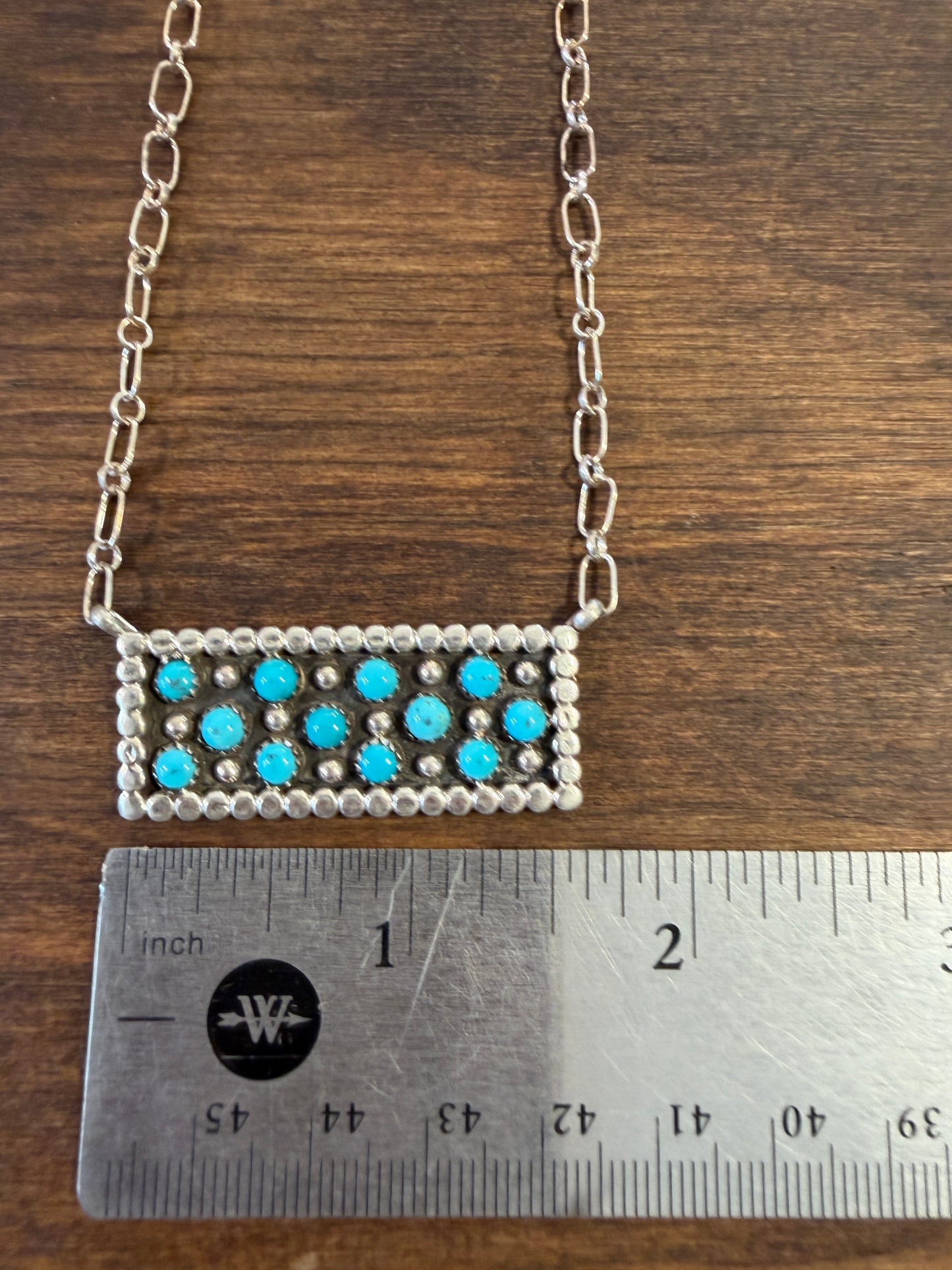 New turquoise cluster shadow box rectangular bar necklace