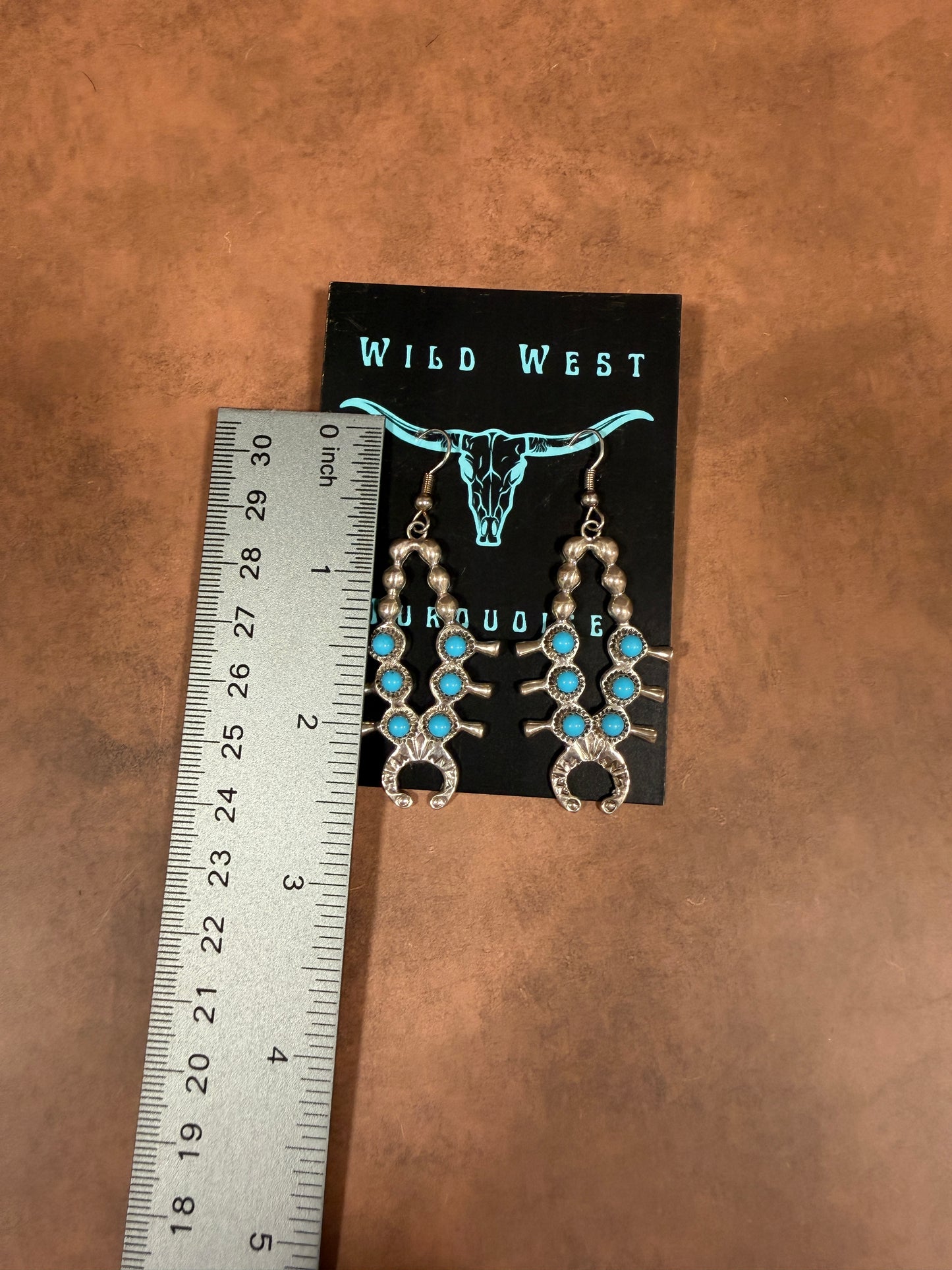 New turquoise and silver squash blossom dangle earrings