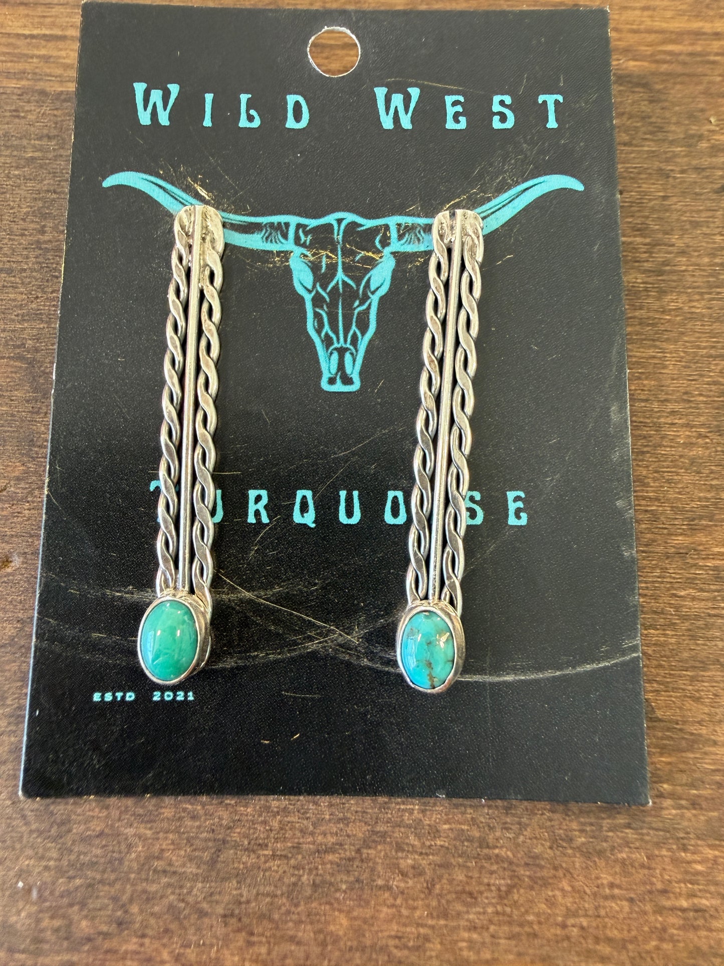 New green turquoise long flat twist wire long stud earrings