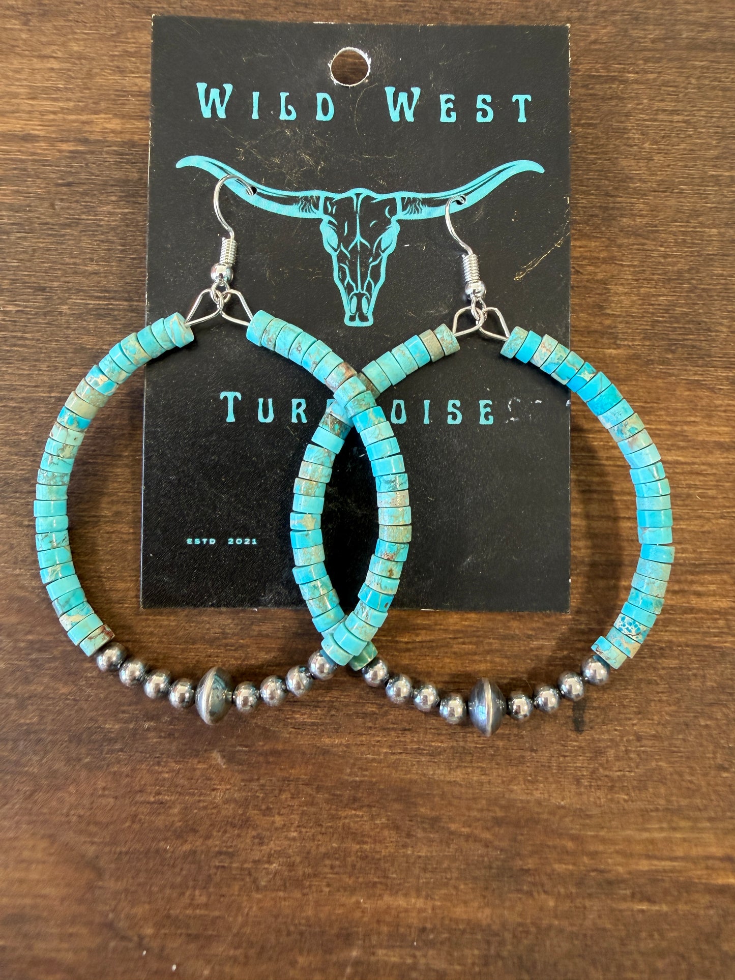 New 5mm round turquoise varscite and silver pearl hoop earrings