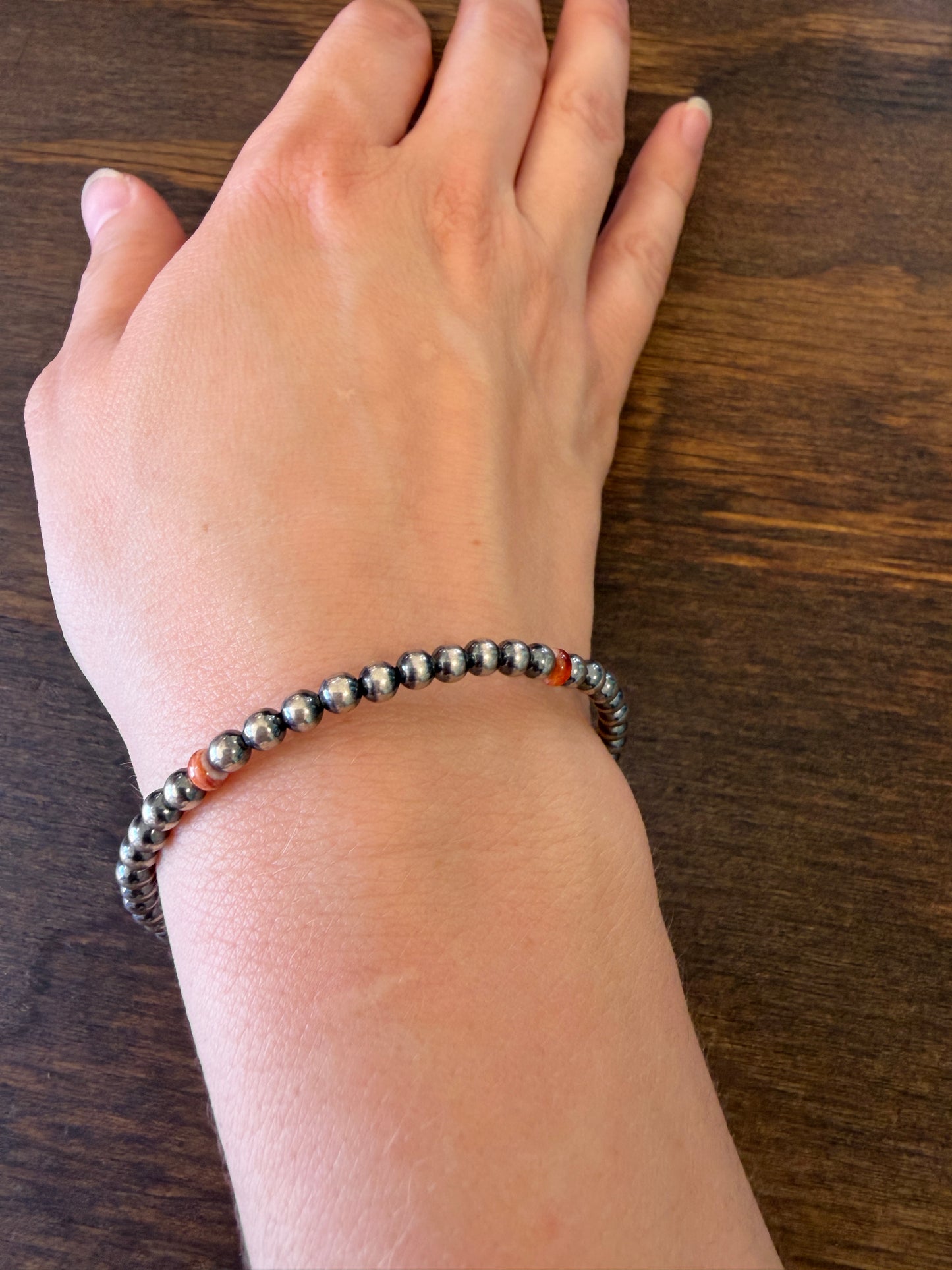 New 3mm orange spiny oyster and silver pearl bracelet