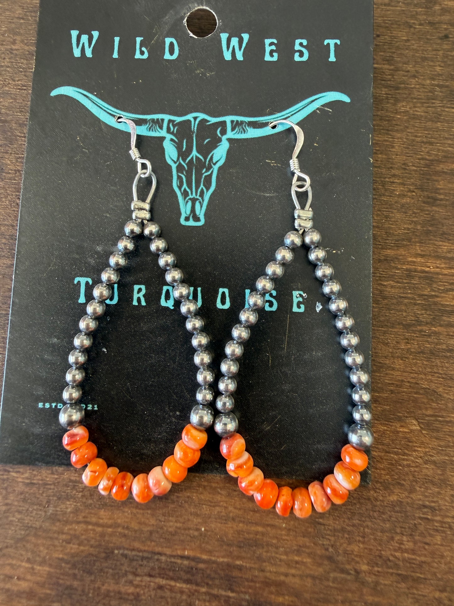 New 3mm silver pearl and orange spiny oyster teardrop dangle earrings