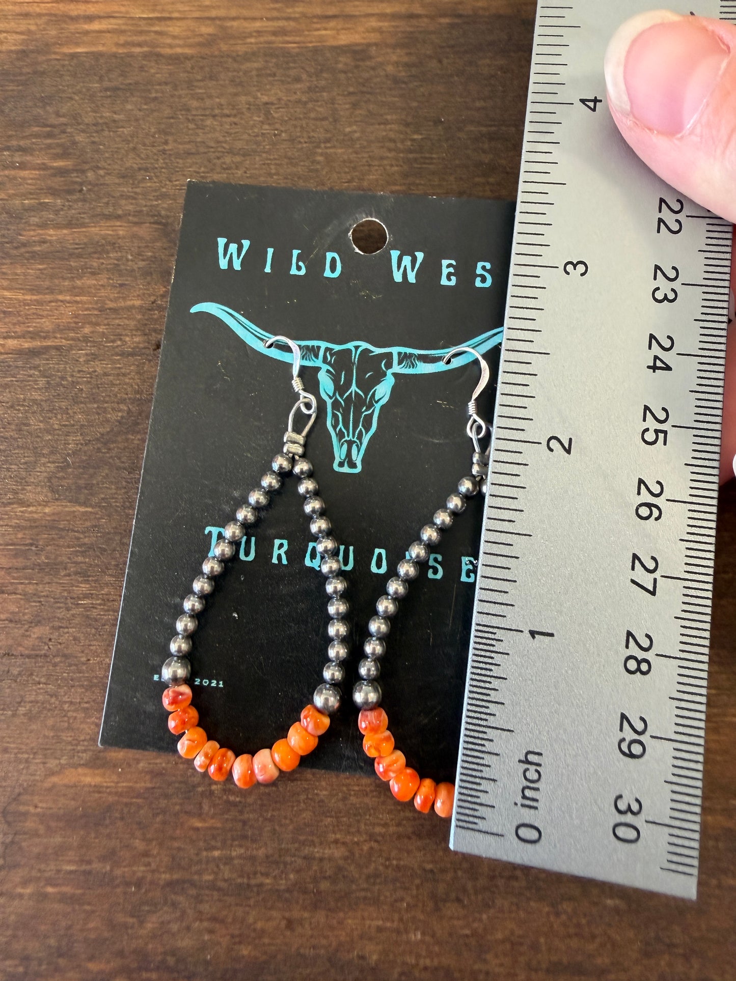 New 3mm silver pearl and orange spiny oyster teardrop dangle earrings