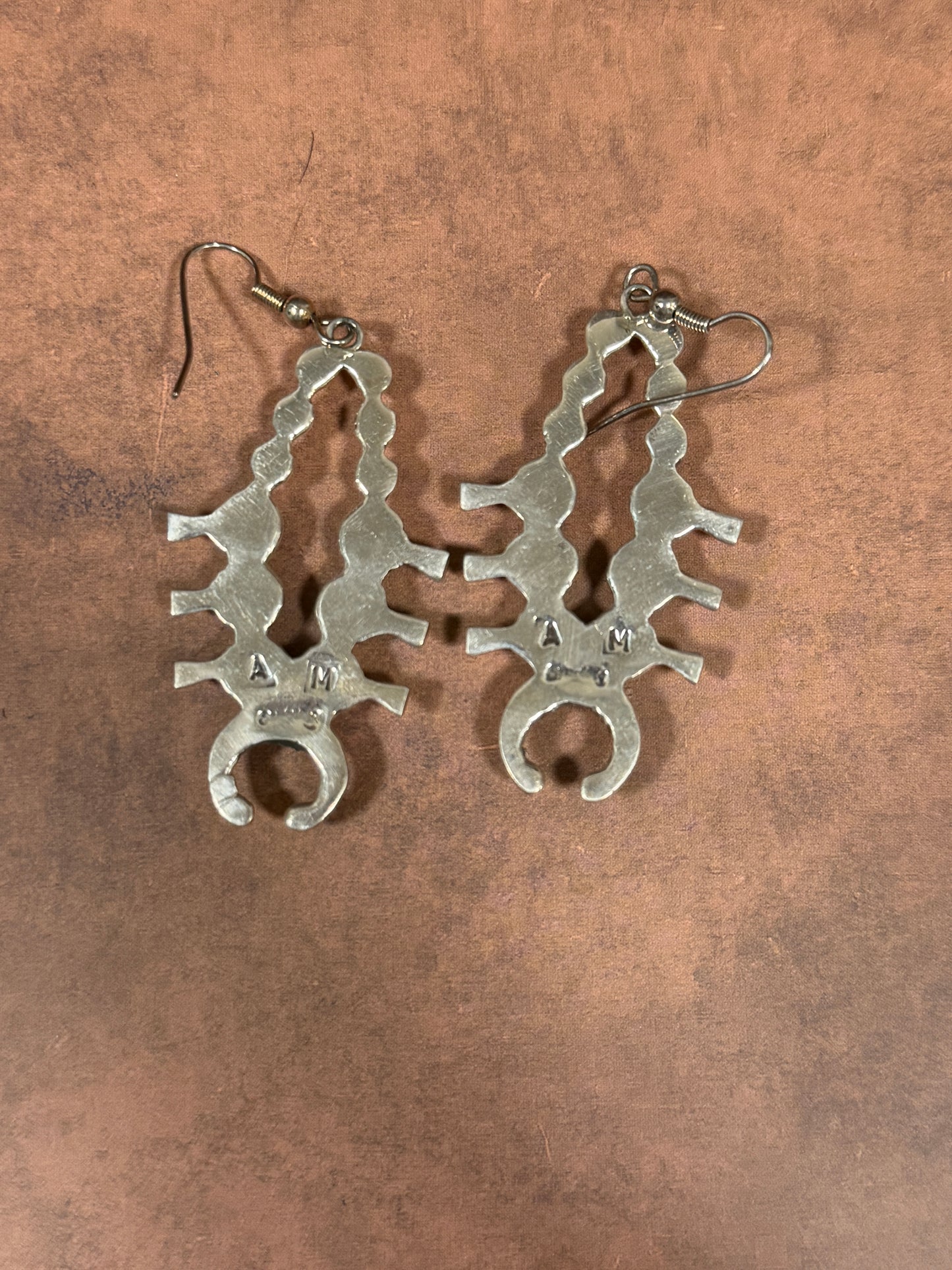 New turquoise and silver squash blossom dangle earrings