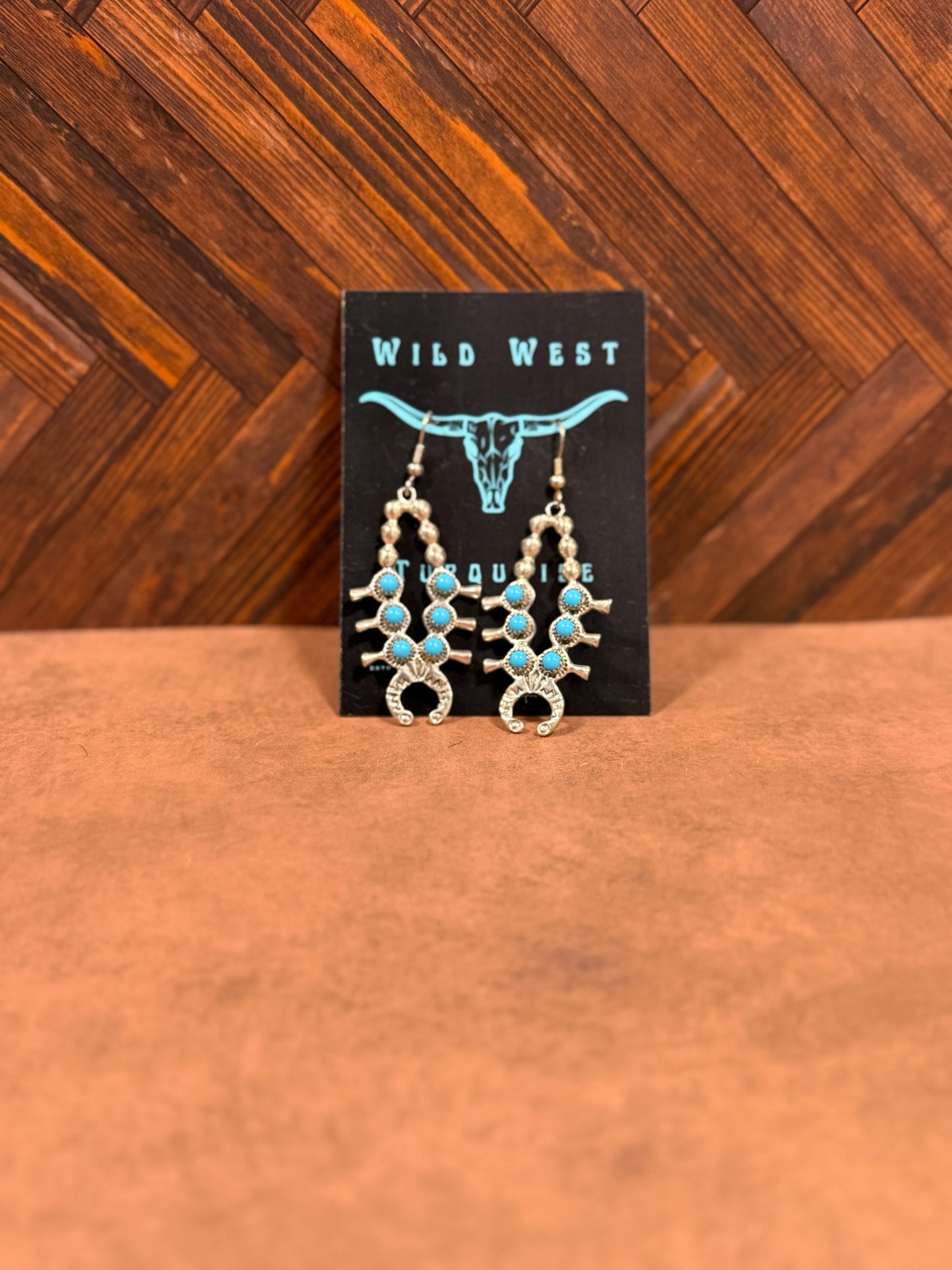 New turquoise and silver squash blossom dangle earrings
