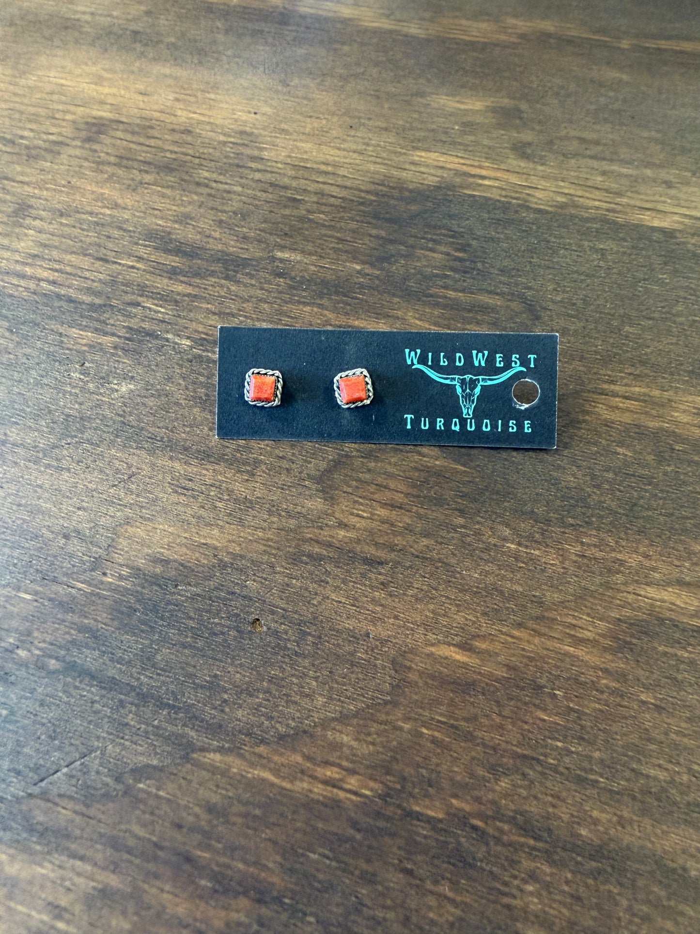 New orange spiny oyster square twist wire stud earrings