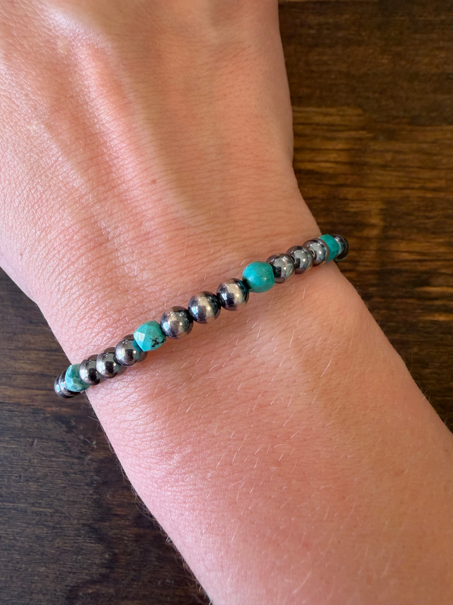 New 5mm turquoise and silver pearl bracelet
