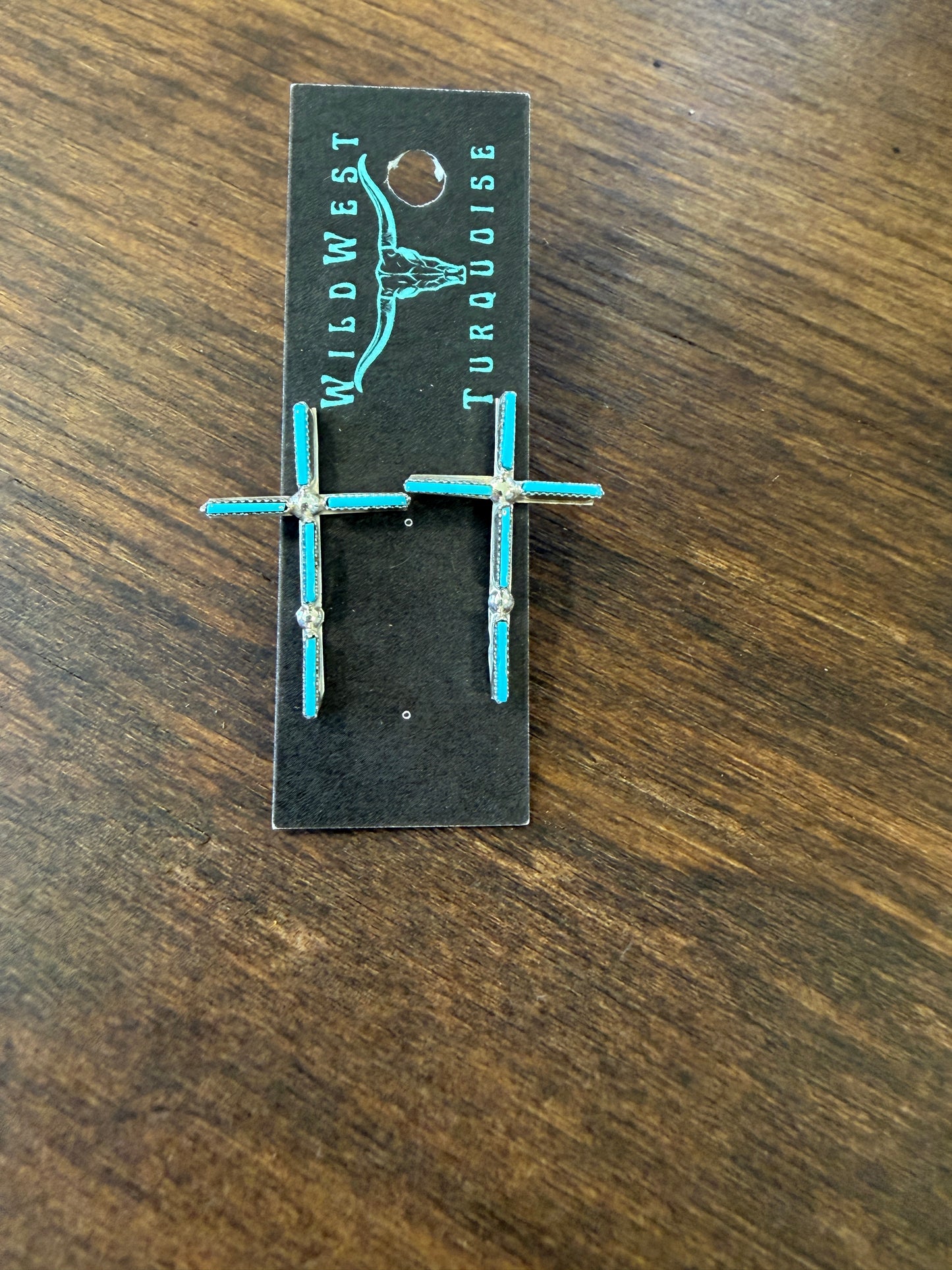 New medium turquoise needlepoint cross stud earrings