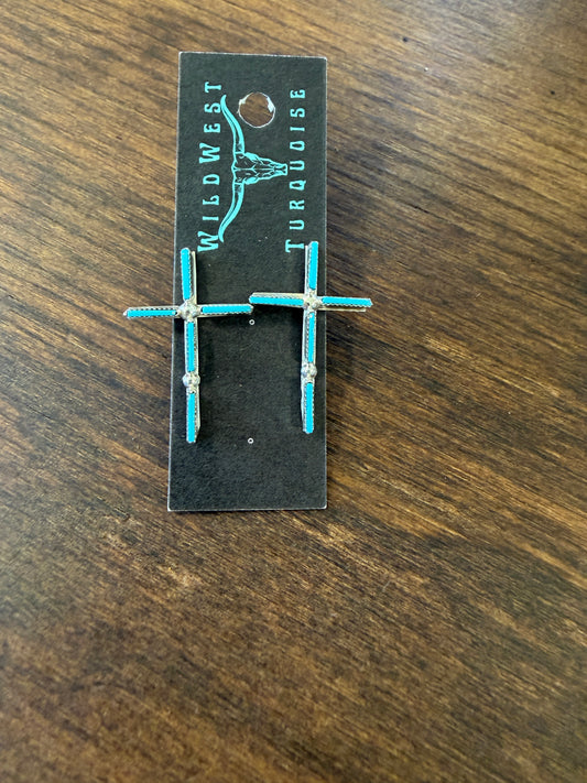 New medium turquoise needlepoint cross stud earrings