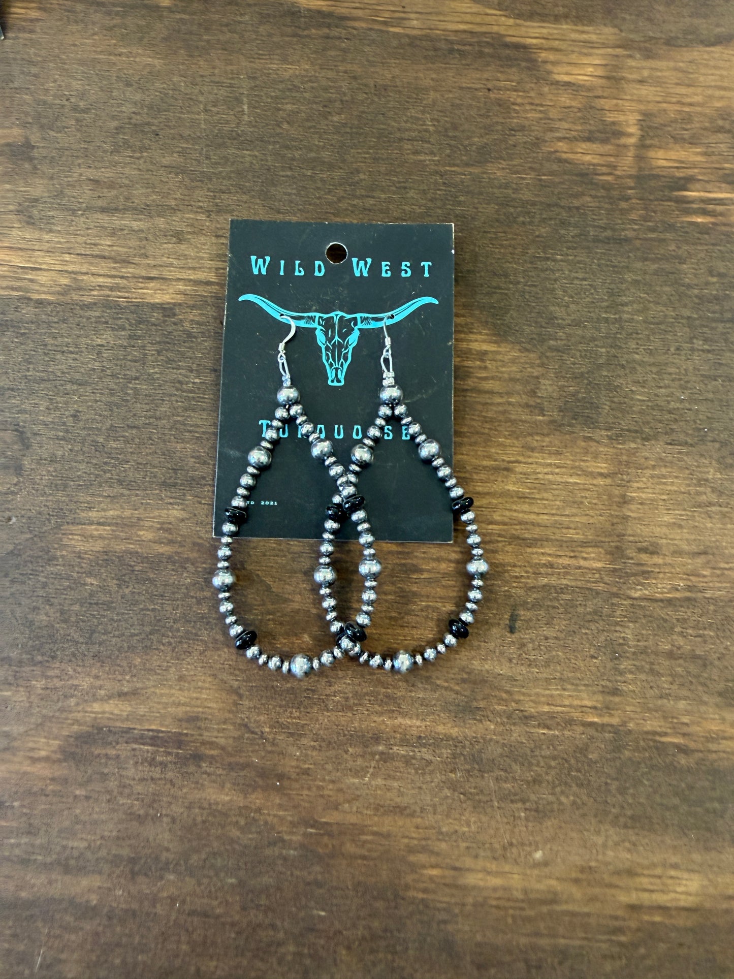 New large black onyx and silver pearl graduated teardrop hoop earrings