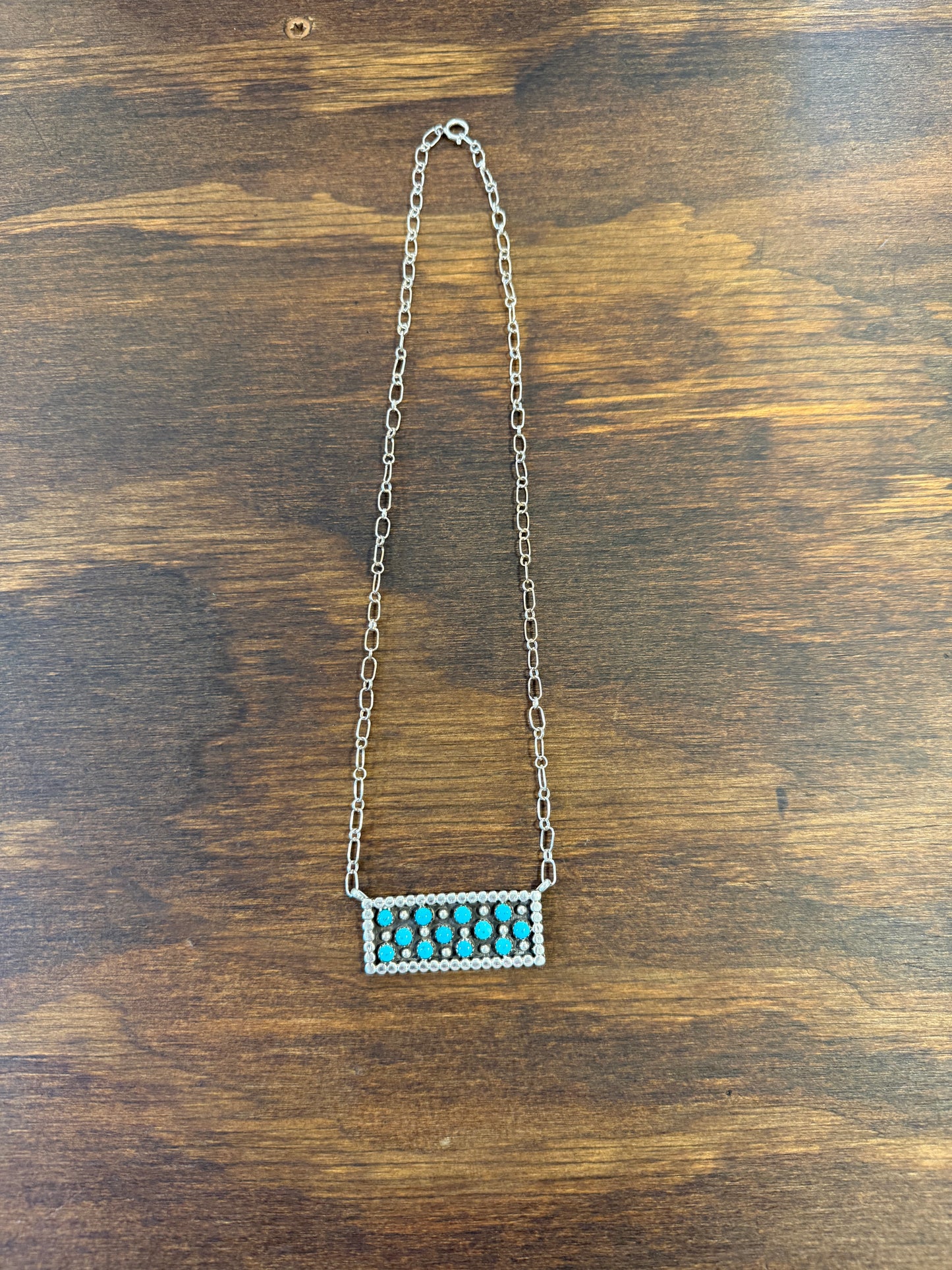 New turquoise cluster shadow box rectangular bar necklace