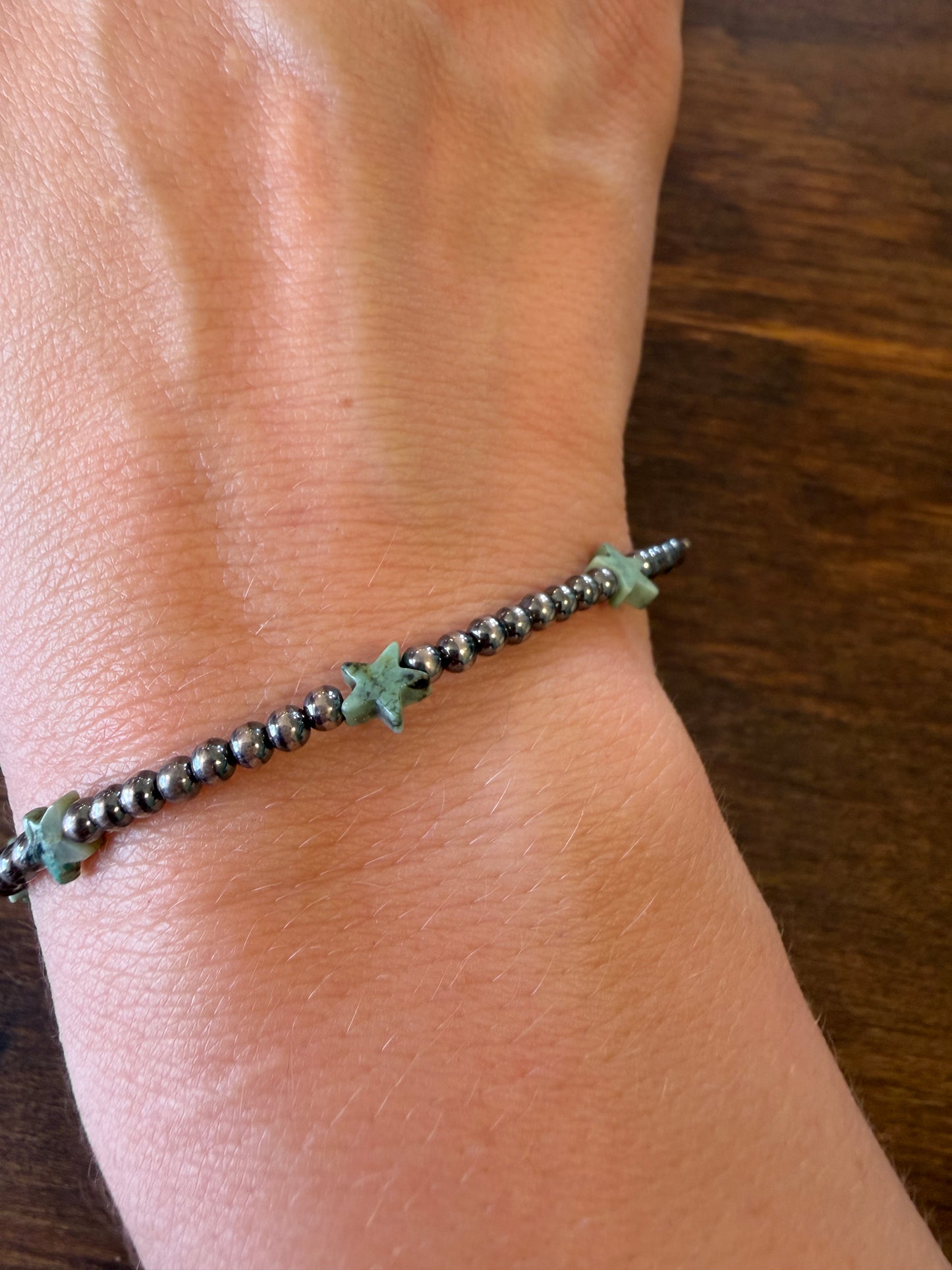 New 3mm African turquoise star and silver pearl bracelet