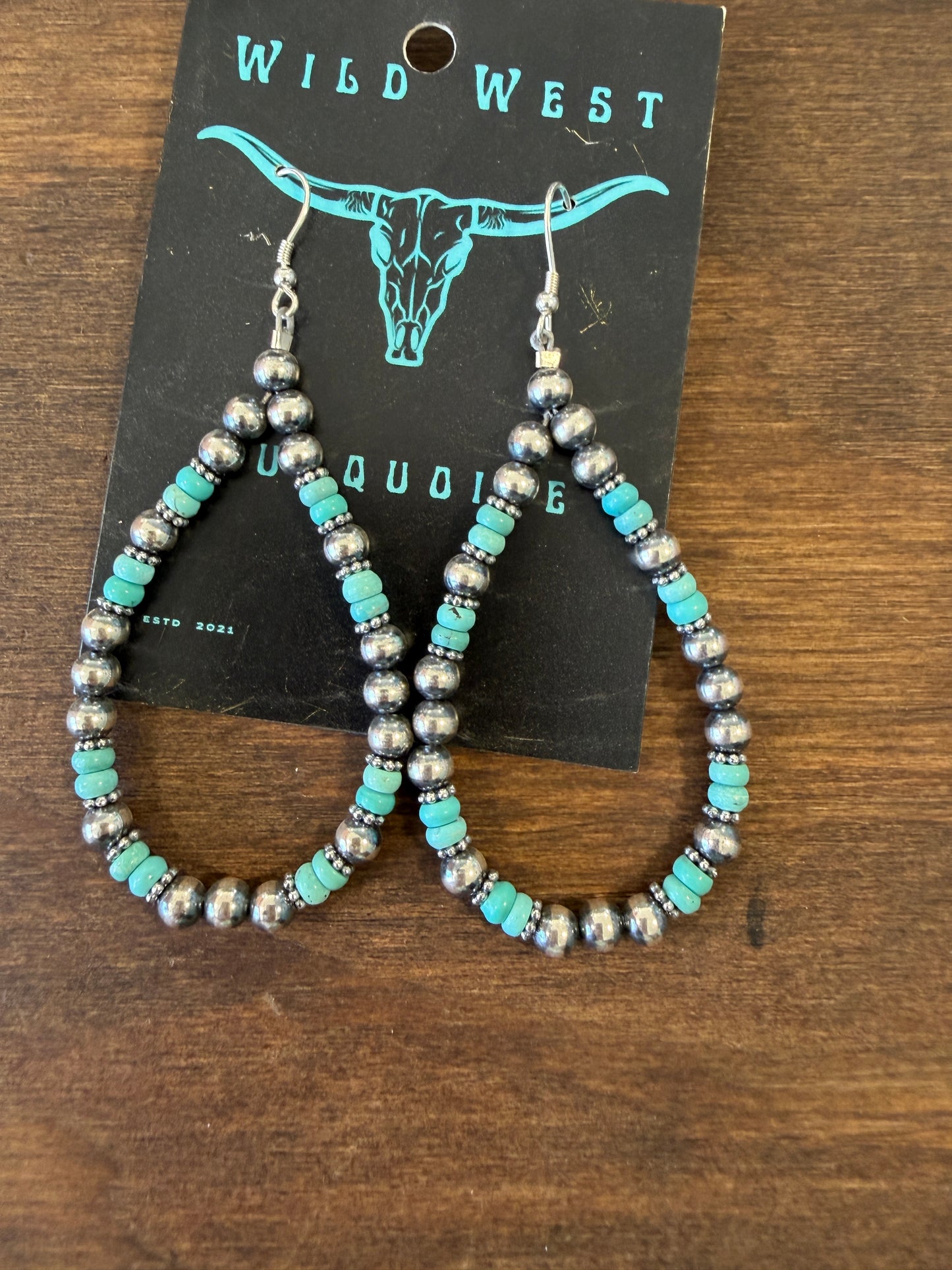 New large turquoise and silver pearl teardrop hoop earrings